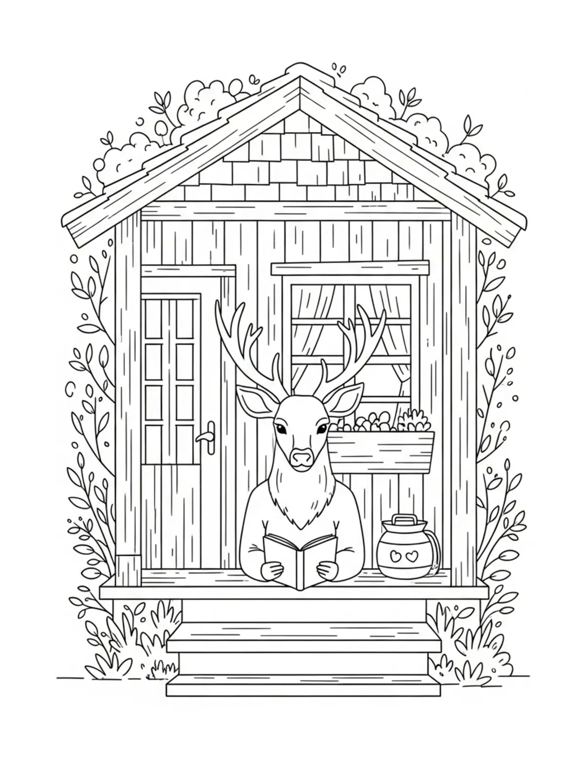 Free printable coloring page: deer reading on cottage porch coloring page. Cute and cozy deer cottage design for kids and adults to download and print.