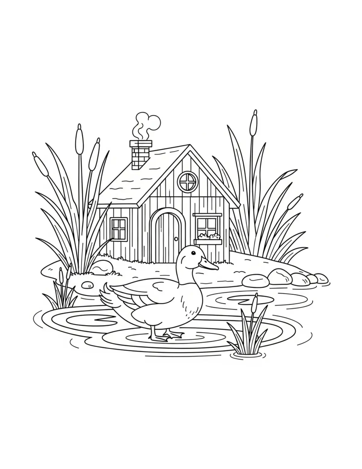 Duck Beside A Cozy Pond Cottag Coloring Page - free printable JPG featuring adorable duck scenes