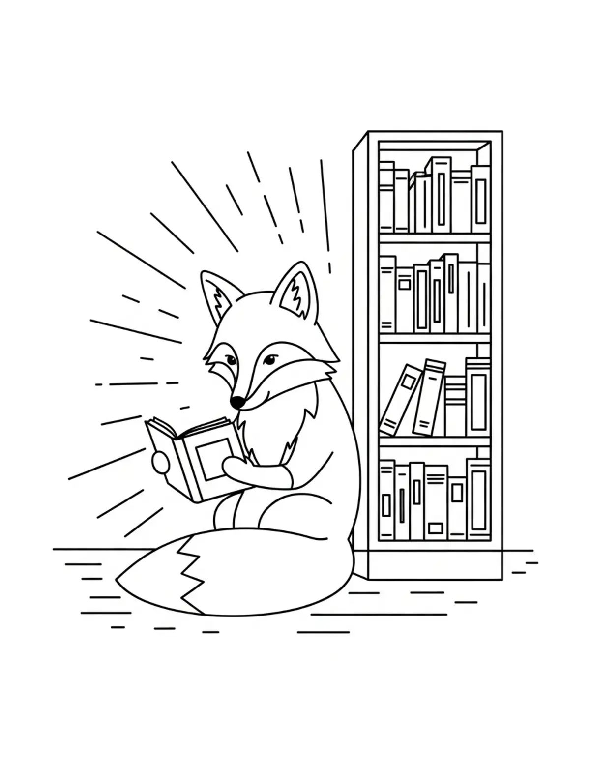 Free printable coloring page: fox reading beside bookshelf coloring page. Cute and cozy bookstore and reading design for kids and adults to download and print.