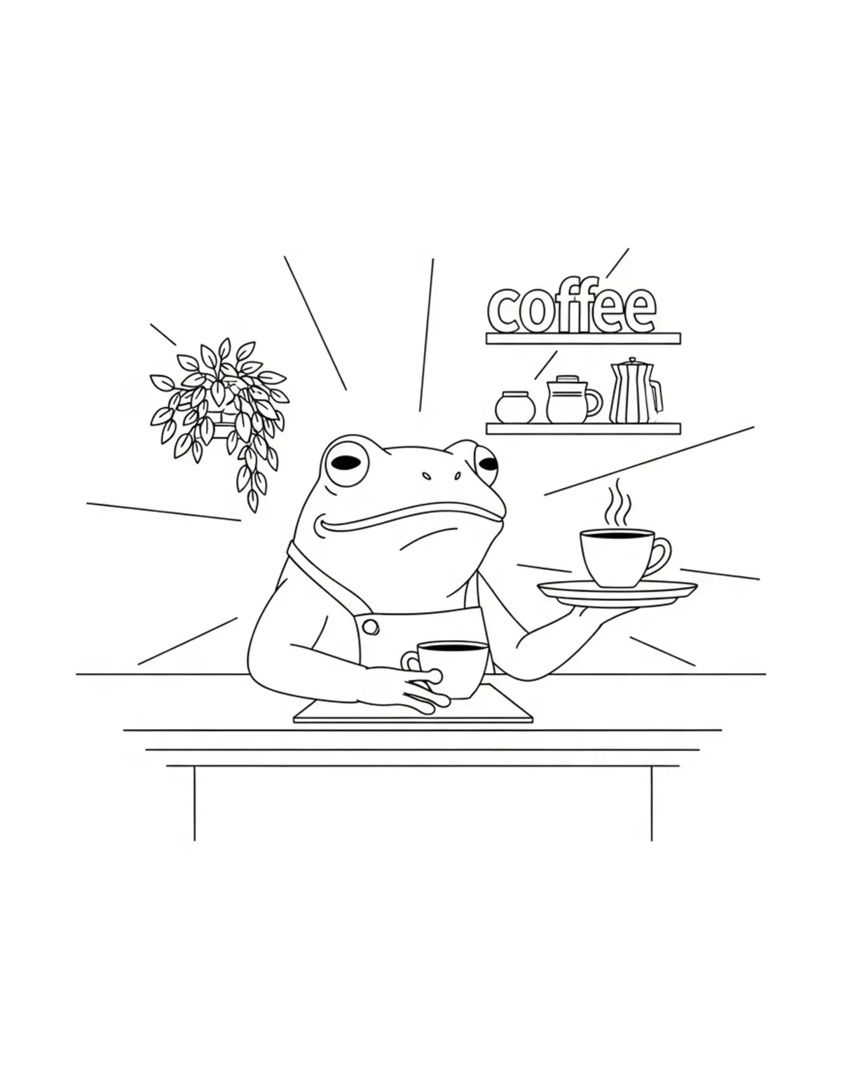 Free printable coloring page: frog serving coffee in cozy ca coloring page. Cute and cozy design for kids and adults to download and print.