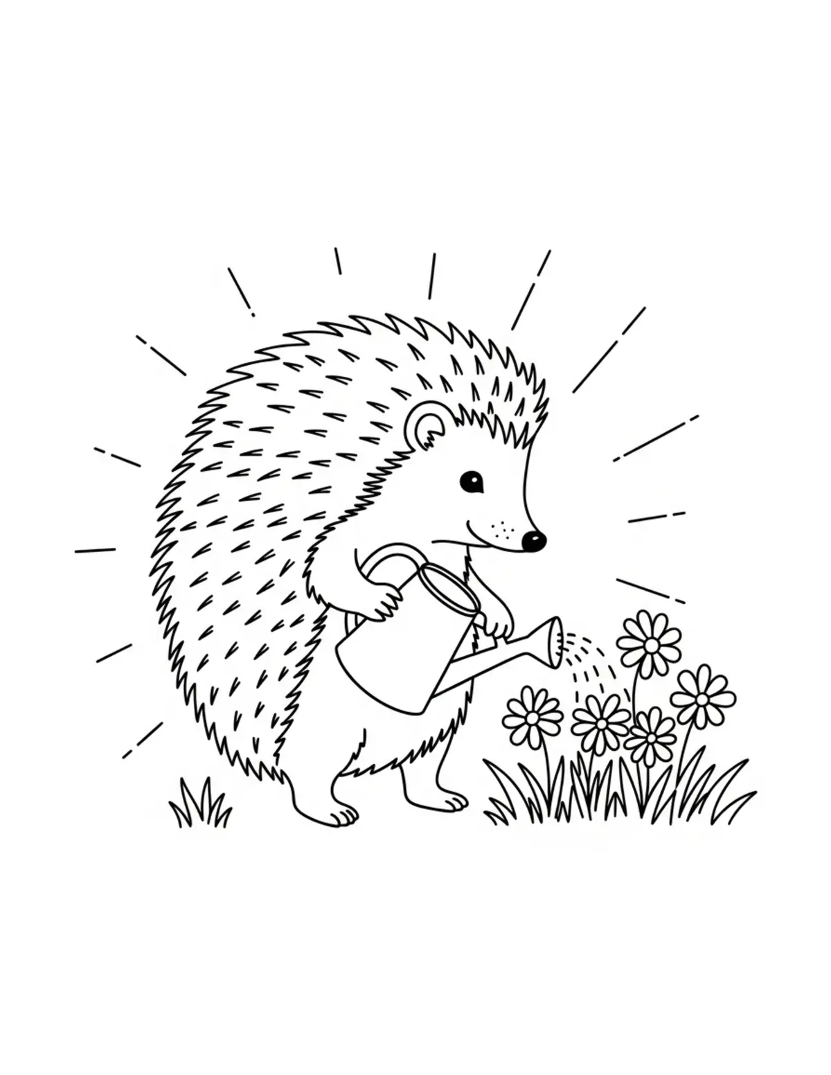 Free printable coloring page: hedgehog watering flowers coloring page. Cute and cozy hedgehog garden design for kids and adults to download and print.