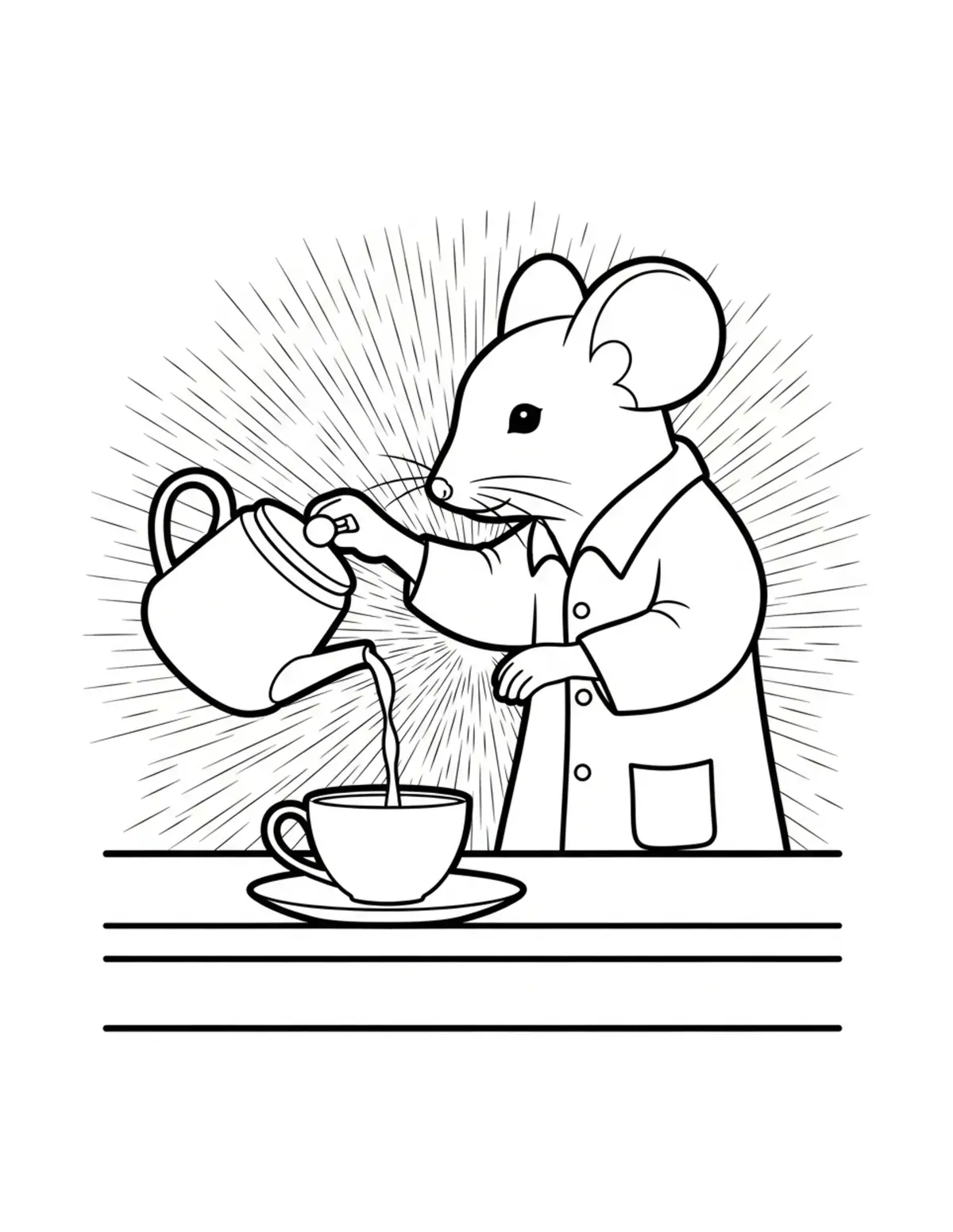 Free printable coloring page: mouse pouring tea coloring page. Cute and cozy mouse tea party design for kids and adults to download and print.