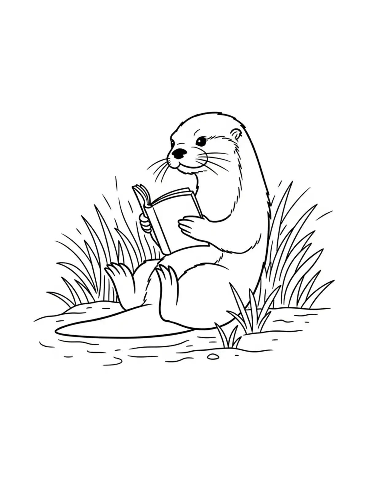 Otter Reading Beside River coloring page - free printable JPG featuring adorable otters
