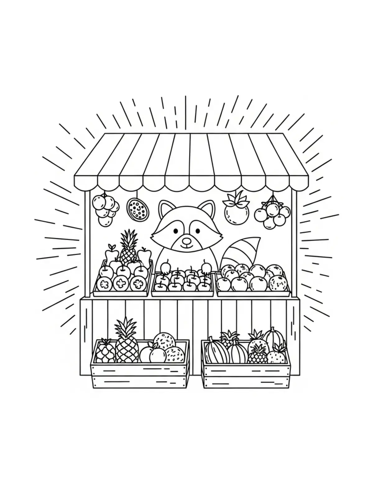 Raccoon Fruit Stand coloring page - free printable JPG featuring adorable raccoons at a market