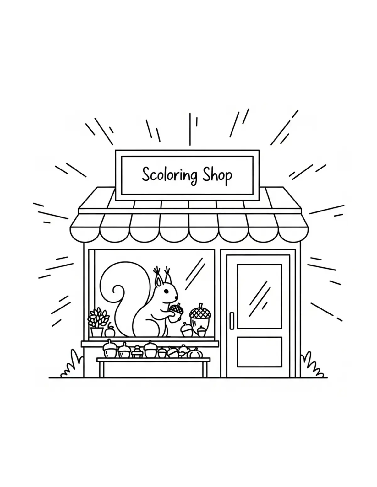 Squirrel Acorn Shop Storefront coloring page - free printable JPG featuring adorable squirrels in a woodland scene