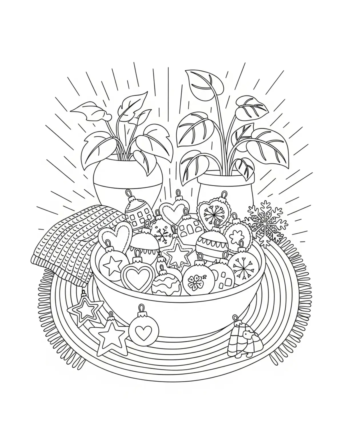 Free printable coloring page: cozy handmade ornament room coloring page. Cute and cozy design for kids and adults to download and print.