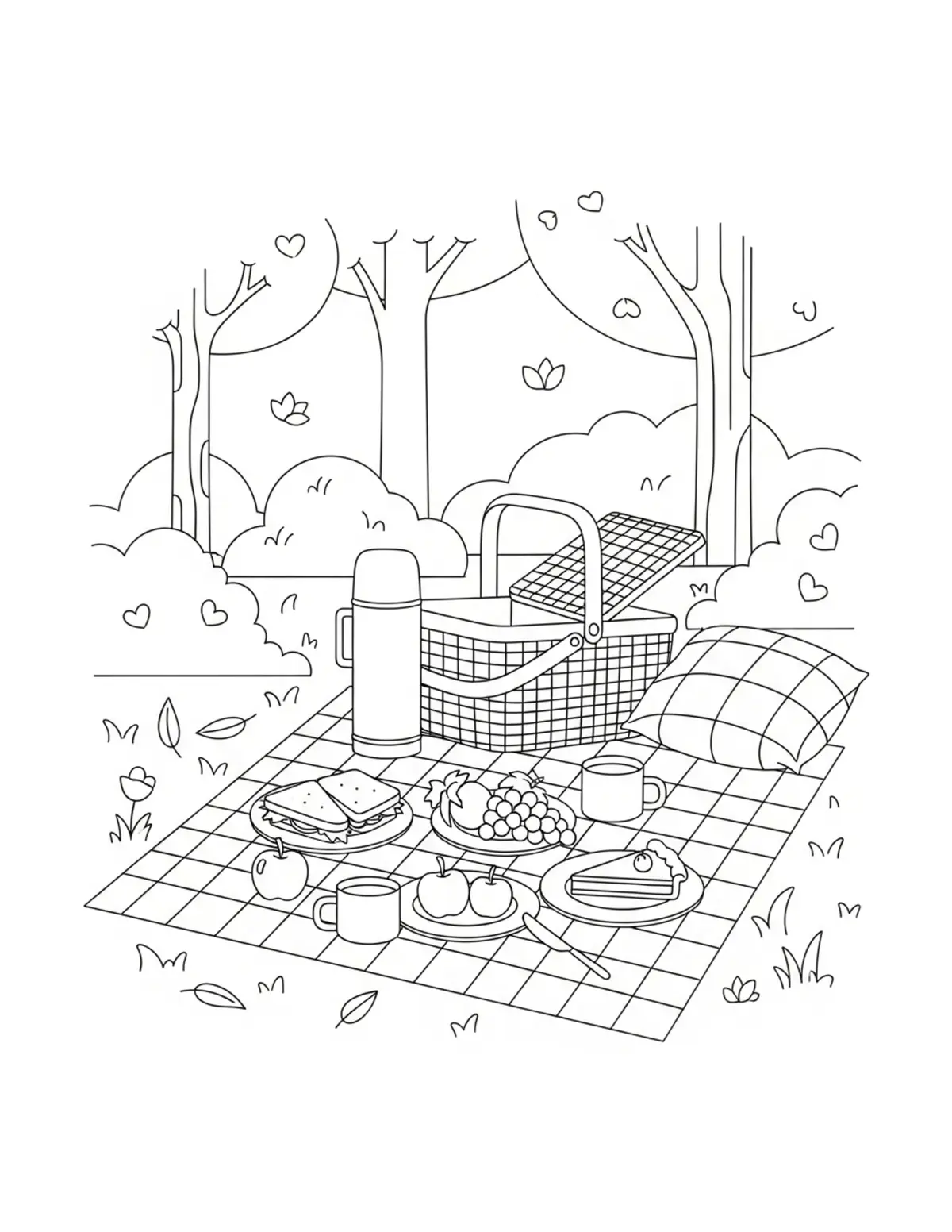 Free printable coloring page: cozy summer woodland picnic coloring page. Cute and cozy summer design for kids and adults to download and print.