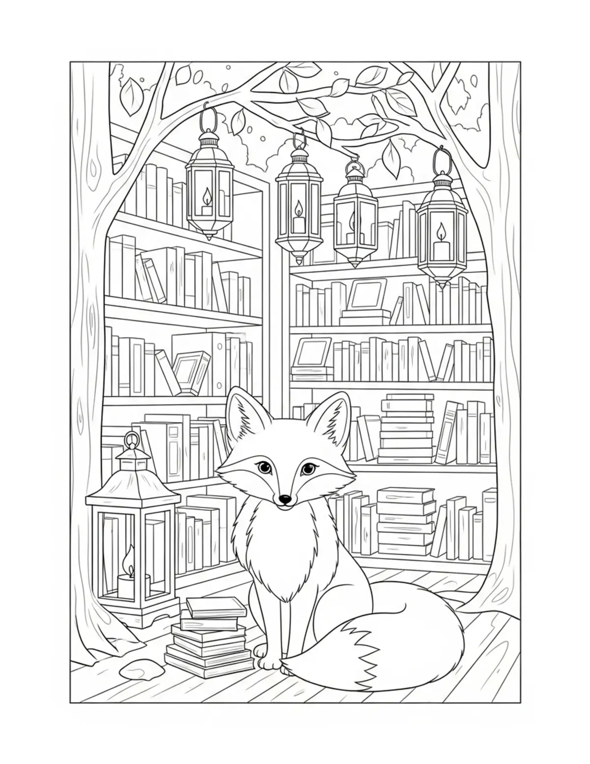 Free printable coloring page: cute fox forest bookstore boo coloring page. Cute design for kids and adults.