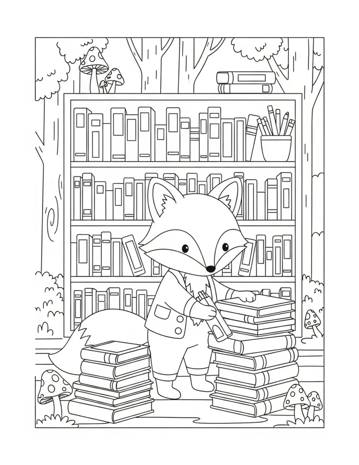 Cute Fox Forest Bookstore Colo — free printable cozy coloring coloring page for kids and adults
