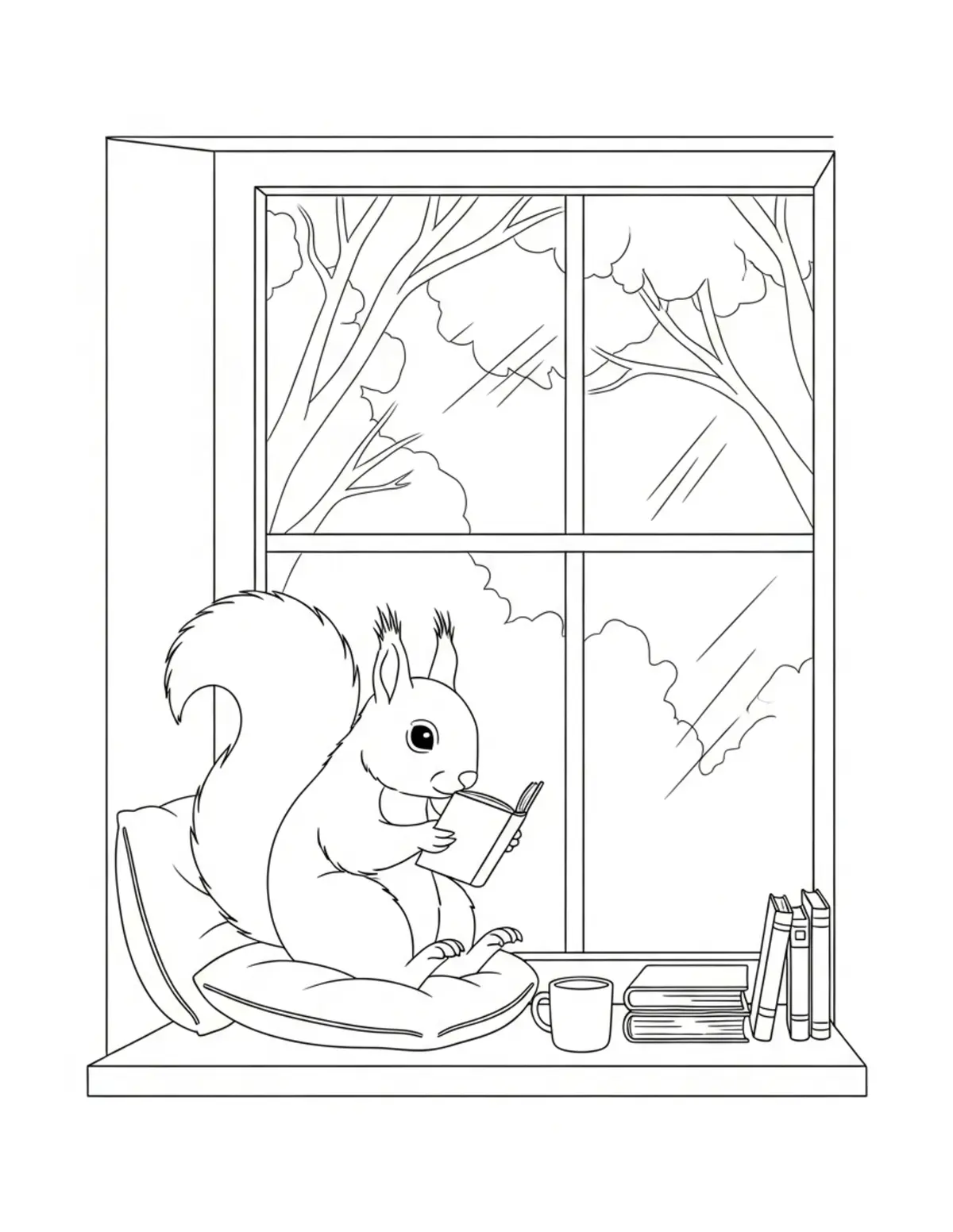 Free printable coloring page: squirrel window reading corner coloring page. Cute and cozy design for kids and adults to download and print.