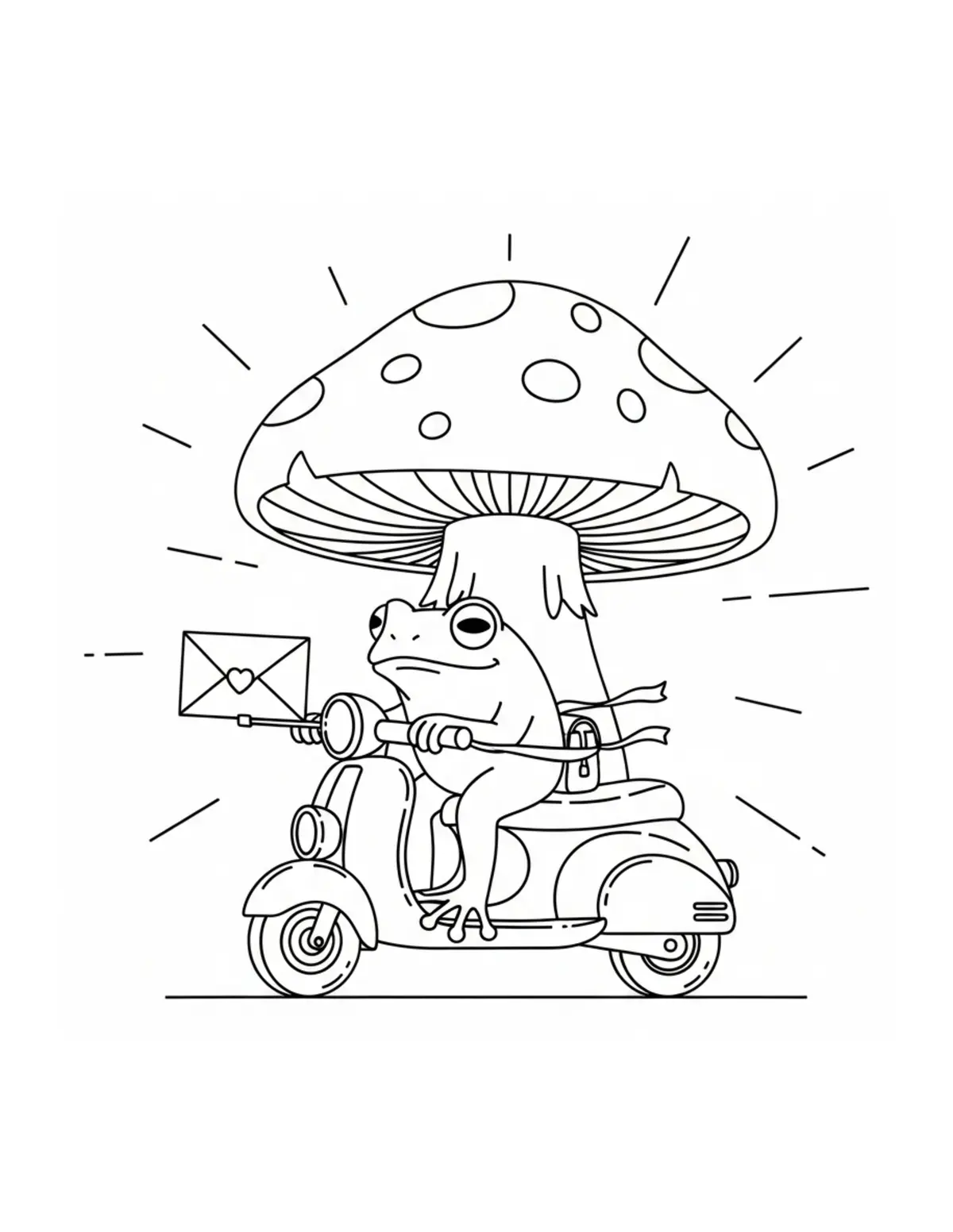 Free printable coloring page: tiny-frog-delivering-mail-by-m coloring page. Cute and cozy design for kids and adults to download and print.
