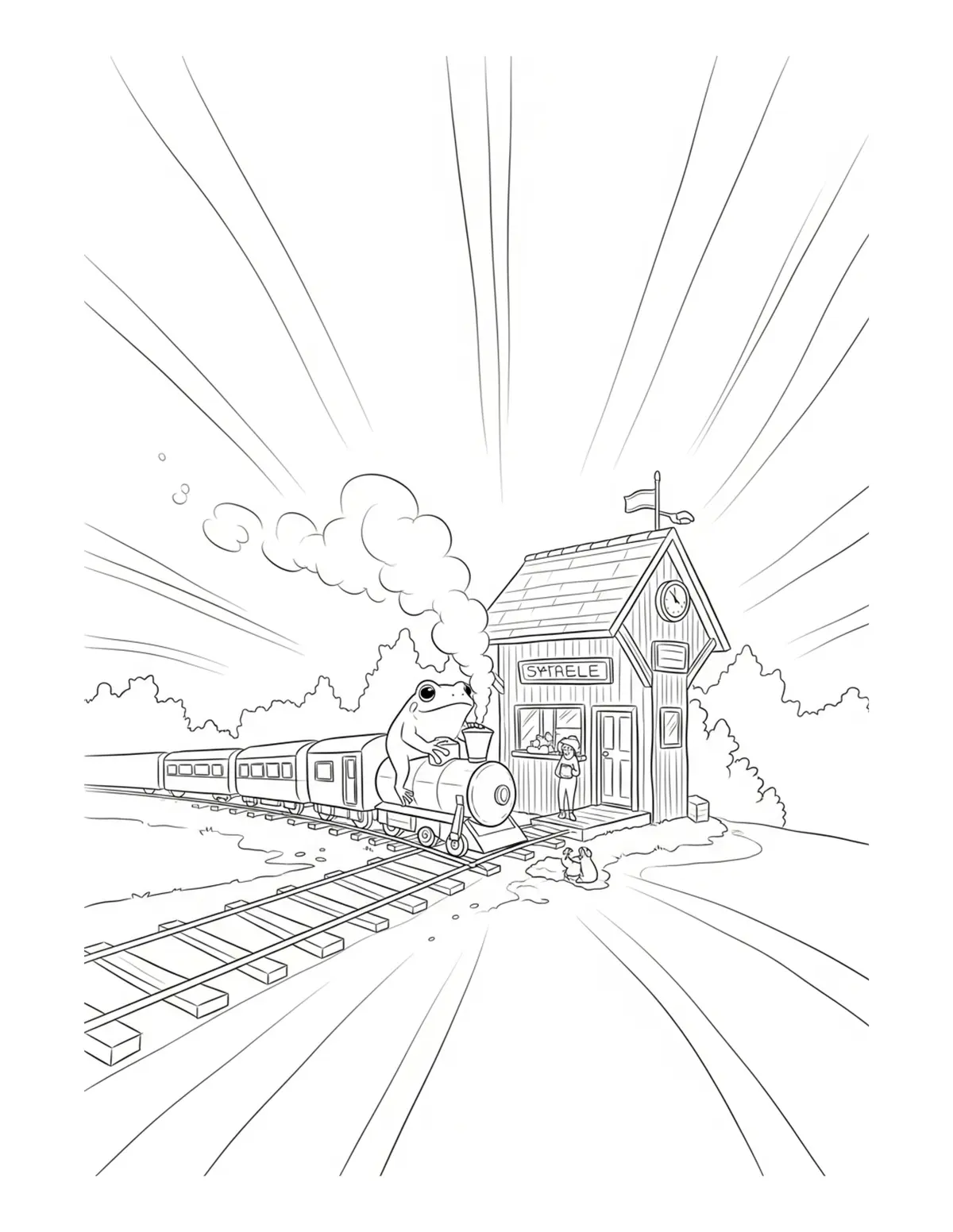 Free printable coloring page: tiny-frog-operating-a-tiny-woo coloring page. Cute and cozy design for kids and adults to download and print.