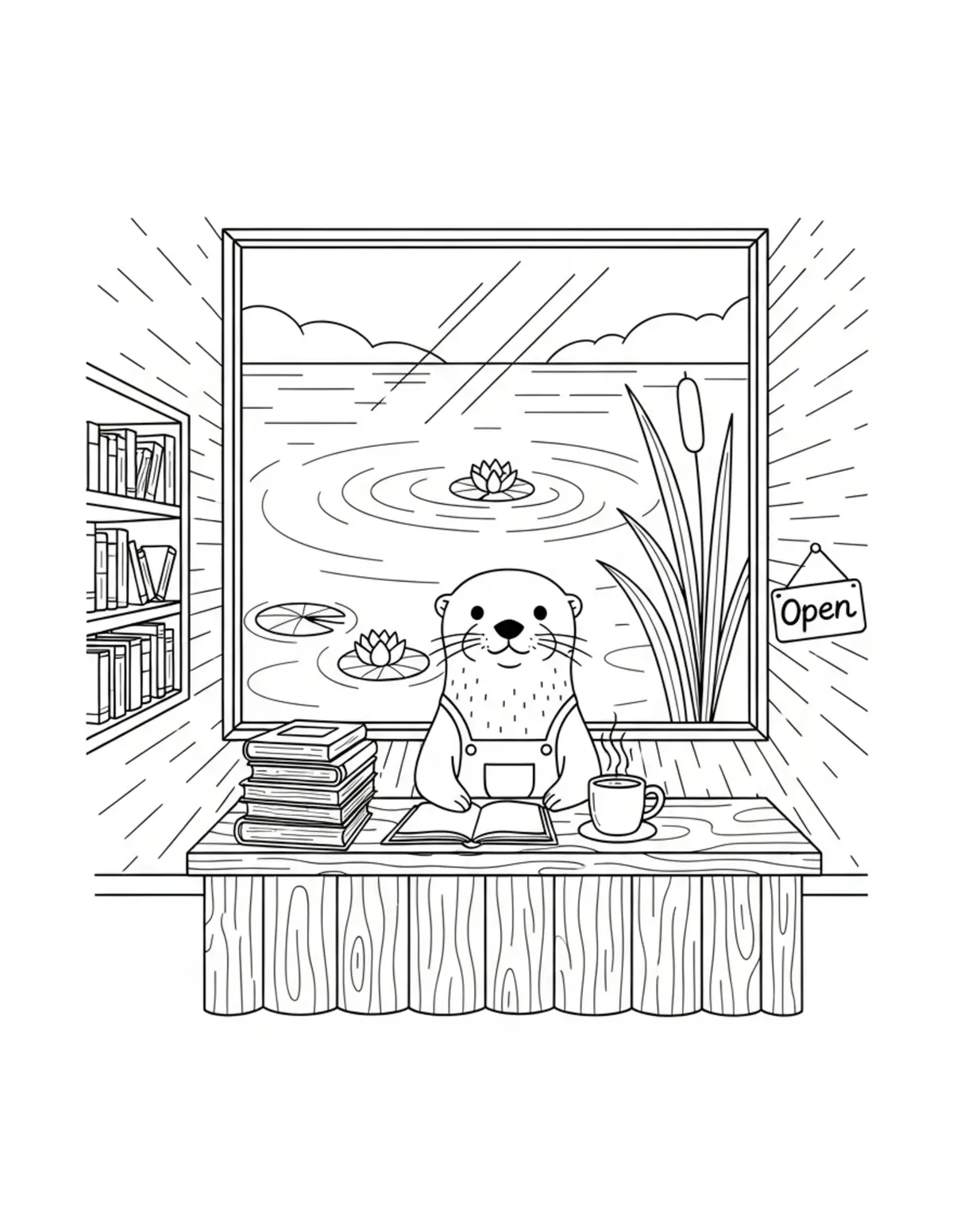 Free printable coloring page: tiny-otter-running-a-lakeside coloring page. Cute and cozy design for kids and adults to download and print.