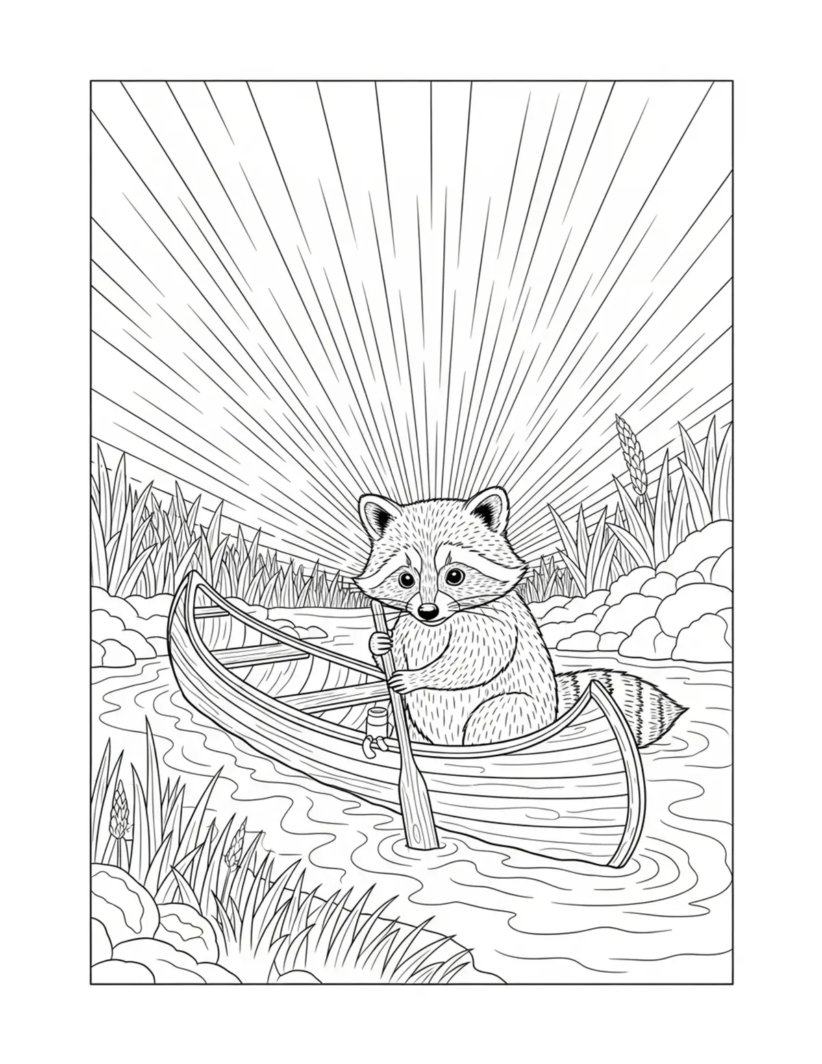 Tiny Raccoon Building a Wooden Bridge coloring page - free printable JPG featuring adorable woodland animals