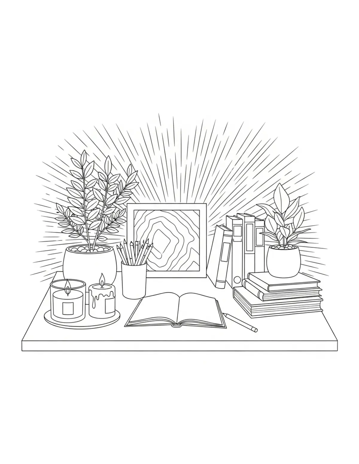 Free printable coloring page: evening study desk candl coloring page. Cute and cozy design for kids and adults to download and print.