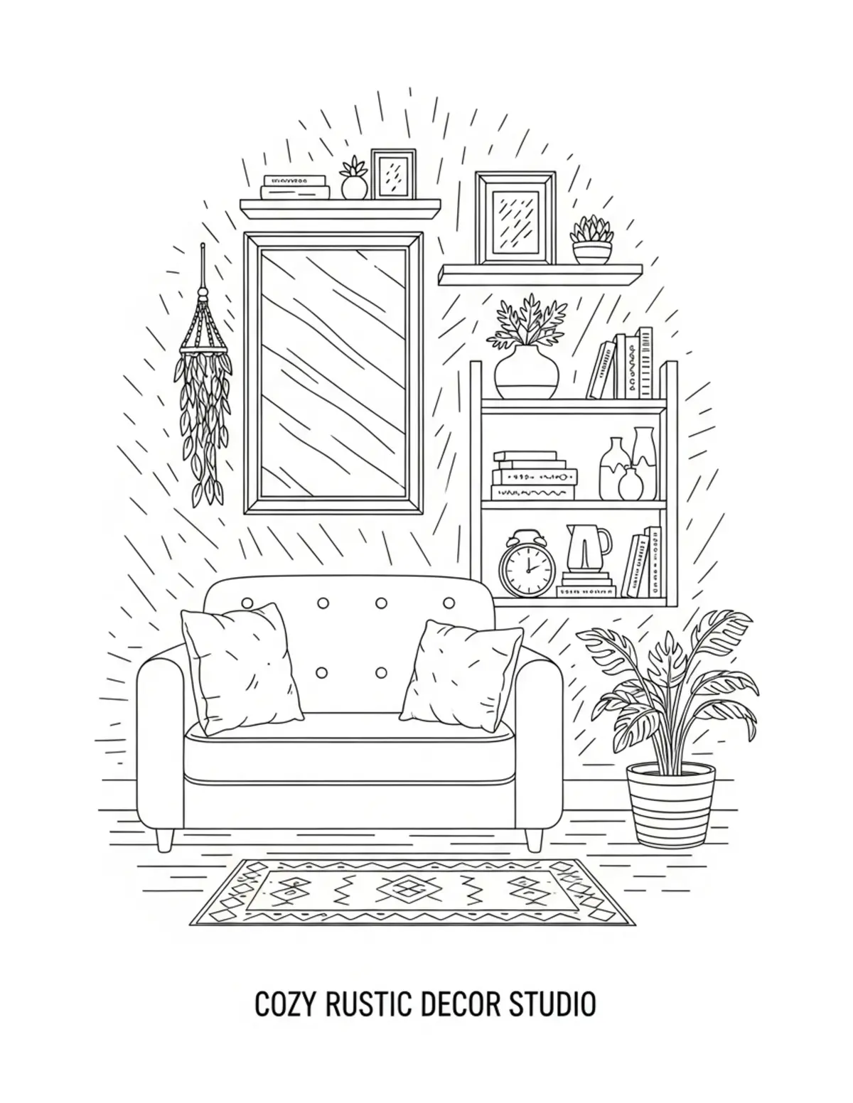 Free printable coloring page: cozy rustic decor studio coloring page. Cute and cozy design for kids and adults to download and print.