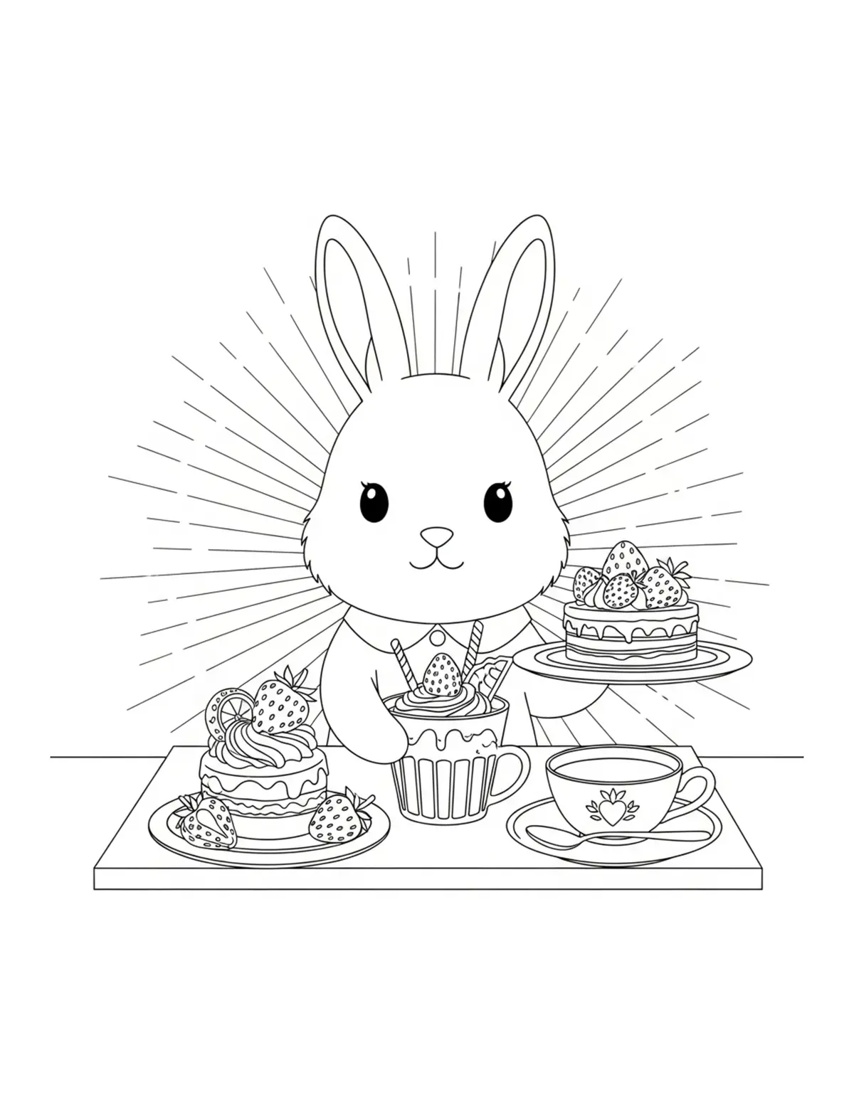 Cute Bunny Strawberry Cafe Col — free printable cozy coloring coloring page for kids and adults