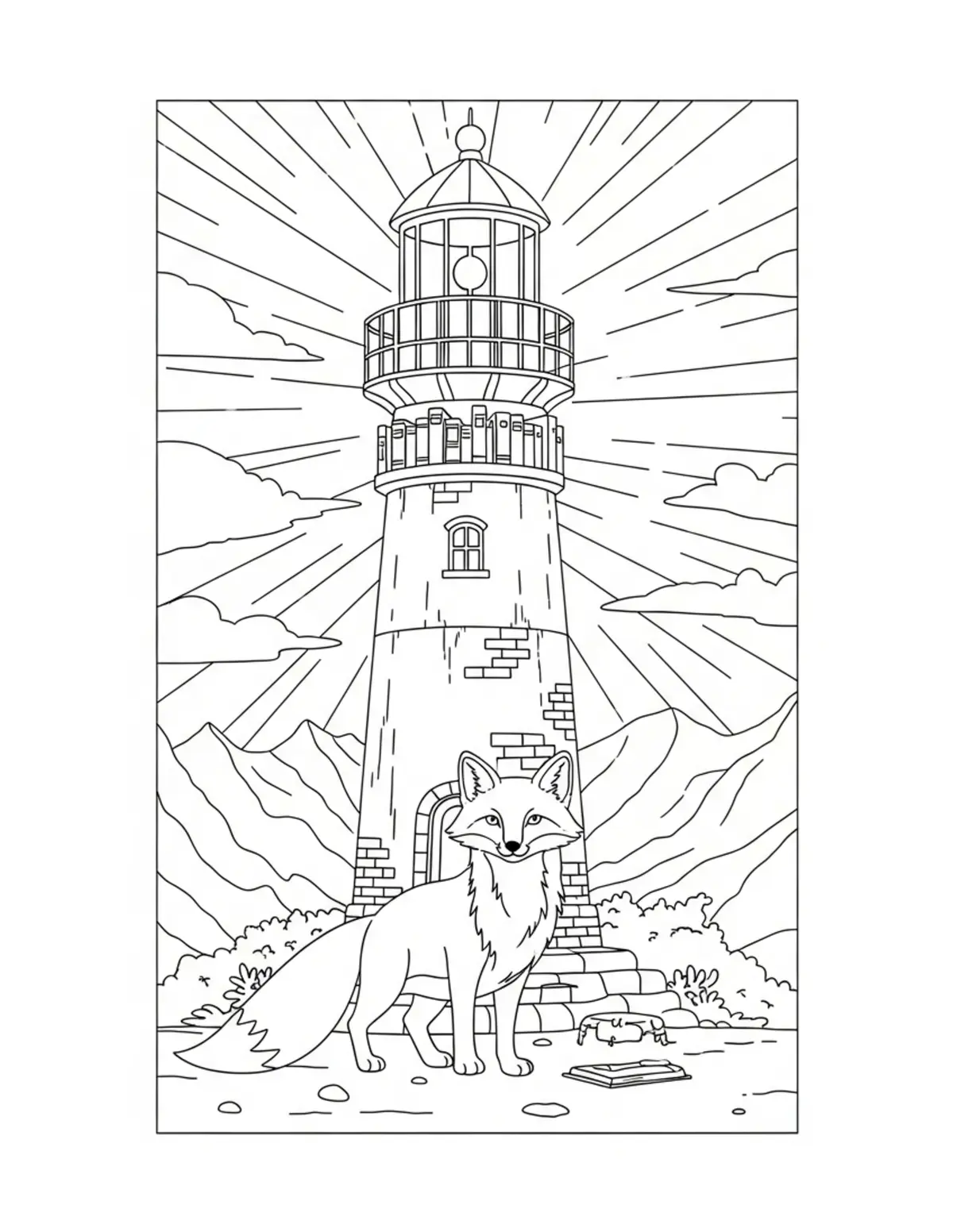 Cute Fox Exploring an Abandoned Cottage coloring page - free printable JPG featuring adorable woodland animals