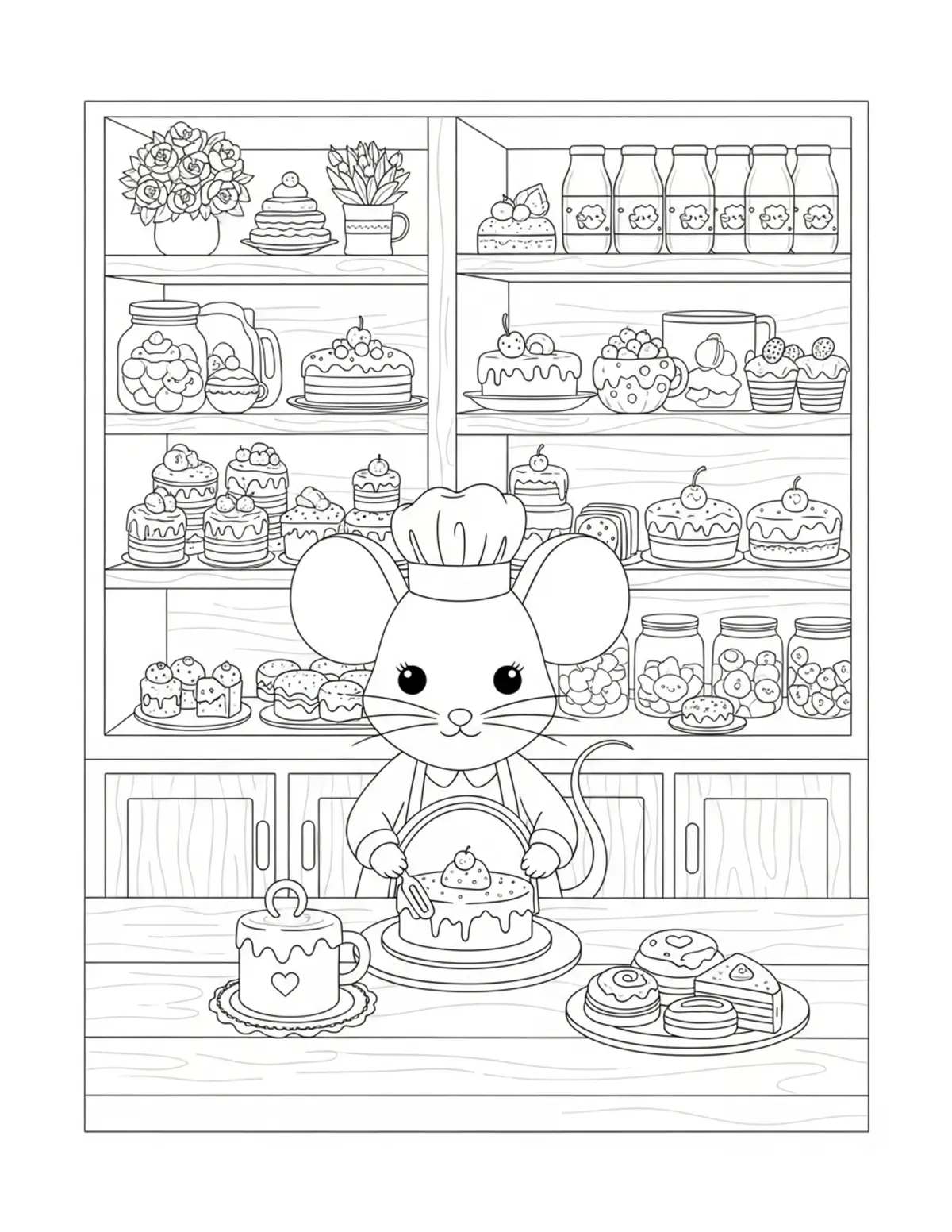 Cute Mouse Bakery — free printable cozy coloring coloring page for kids and adults