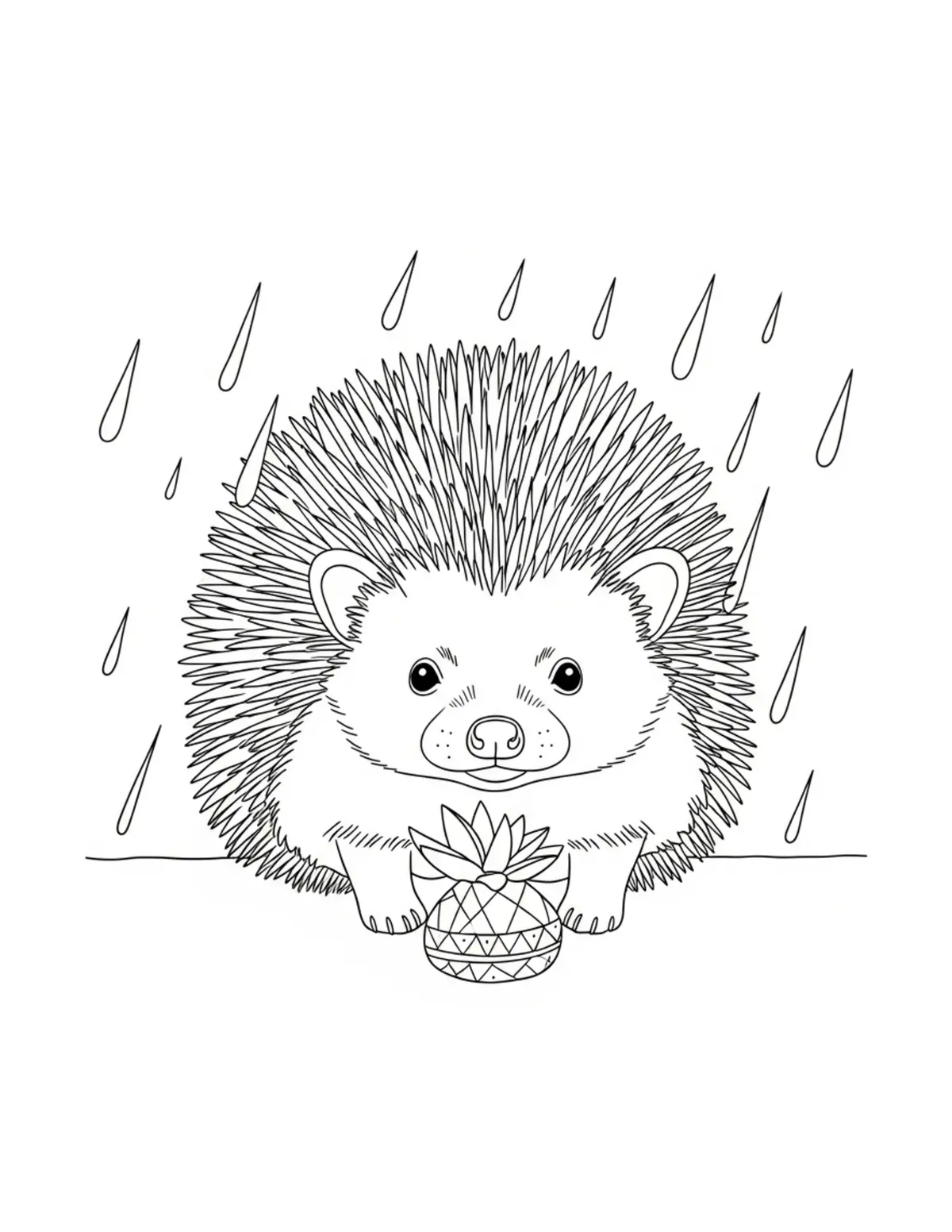 Free printable coloring page: hedgehog rainy garden coloring page. Cute and cozy design for kids and adults to download and print.