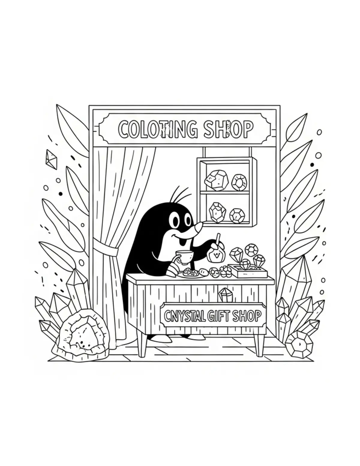 Free printable coloring page: little mole operating a crysta coloring page. Cute and cozy tiny animal design for kids and adults to download and print.