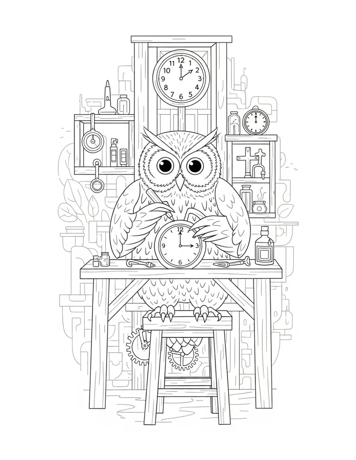 Owl Repairing Clocks in a Towe Coloring Page - free printable JPG featuring adorable woodland animals