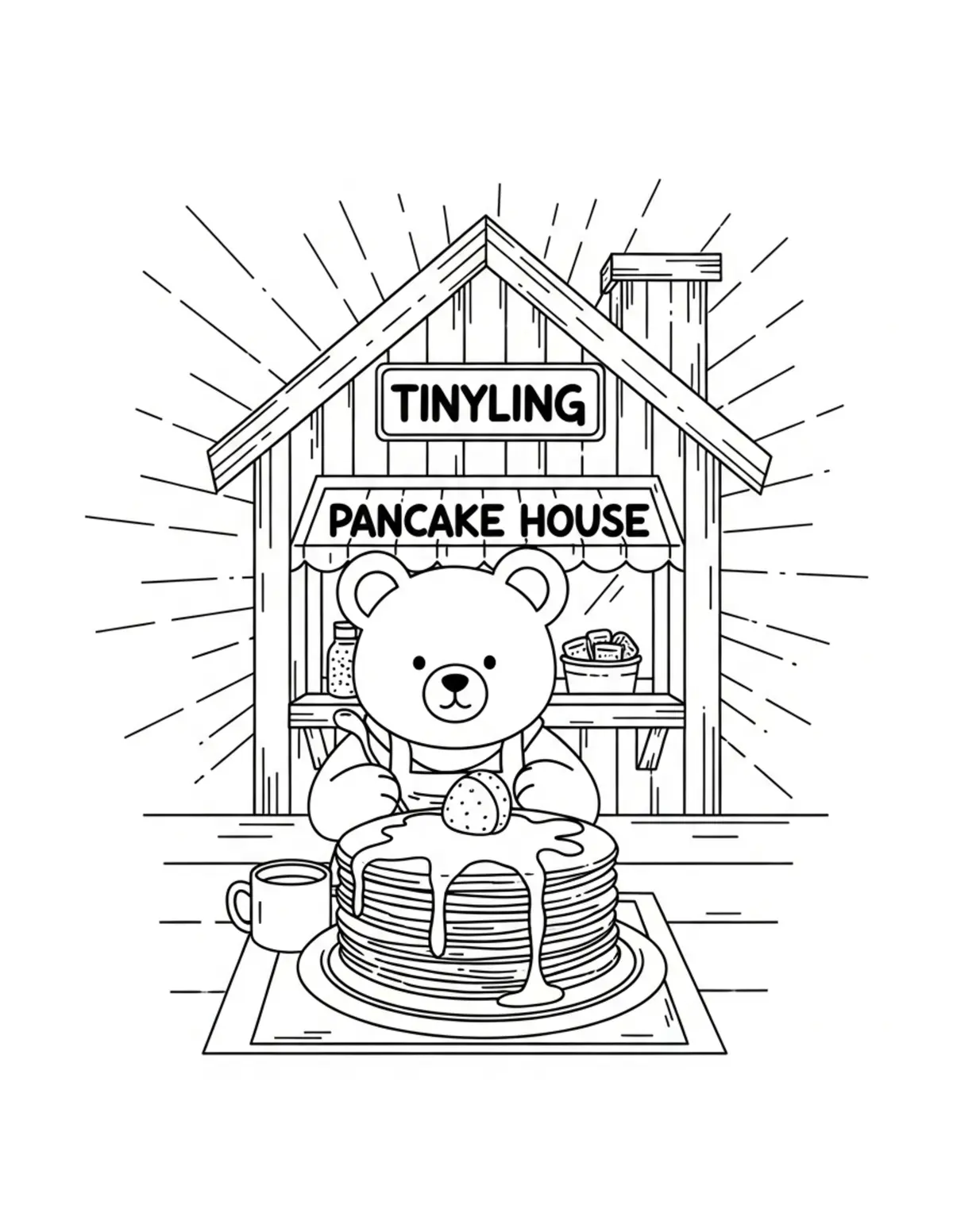 Free printable coloring page: tiny-bear-operating-a-cozy-pan coloring page. Cute and cozy design for kids and adults to download and print.