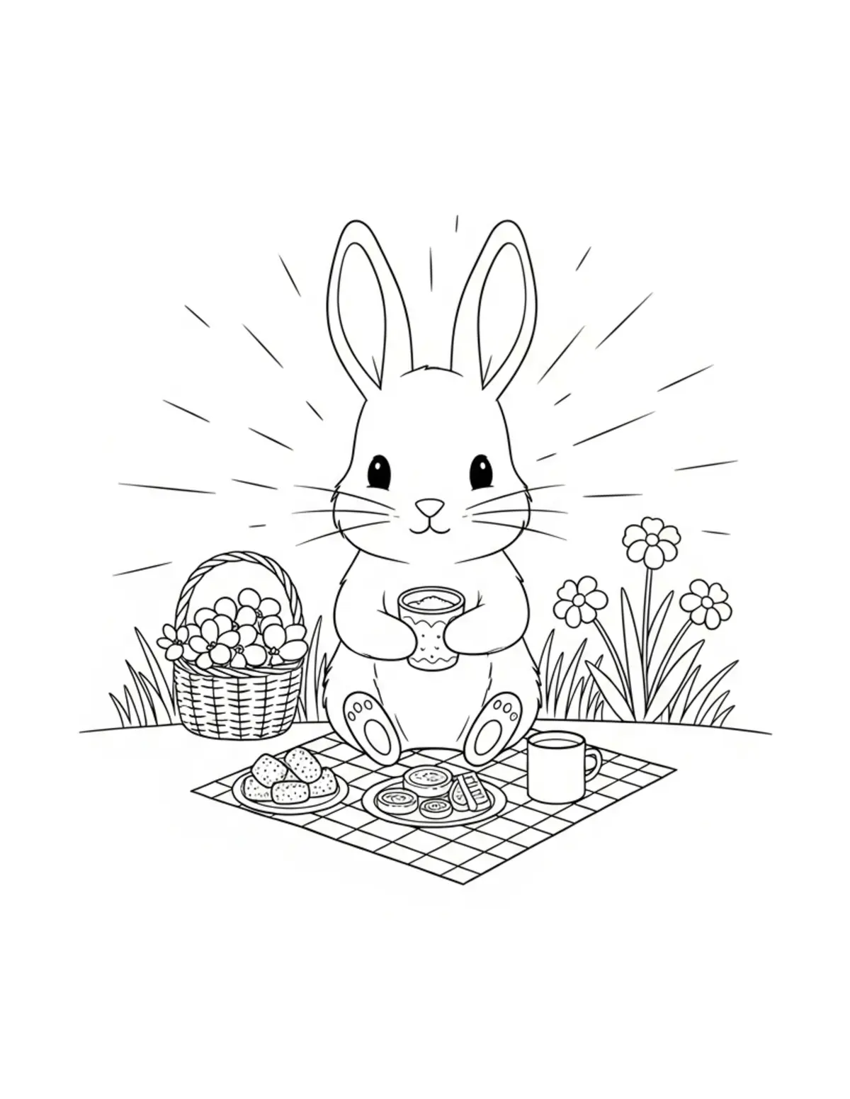 Free printable coloring page: tiny-bunny-hosting-a-cozy-gard coloring page. Cute and cozy design for kids and adults to download and print.