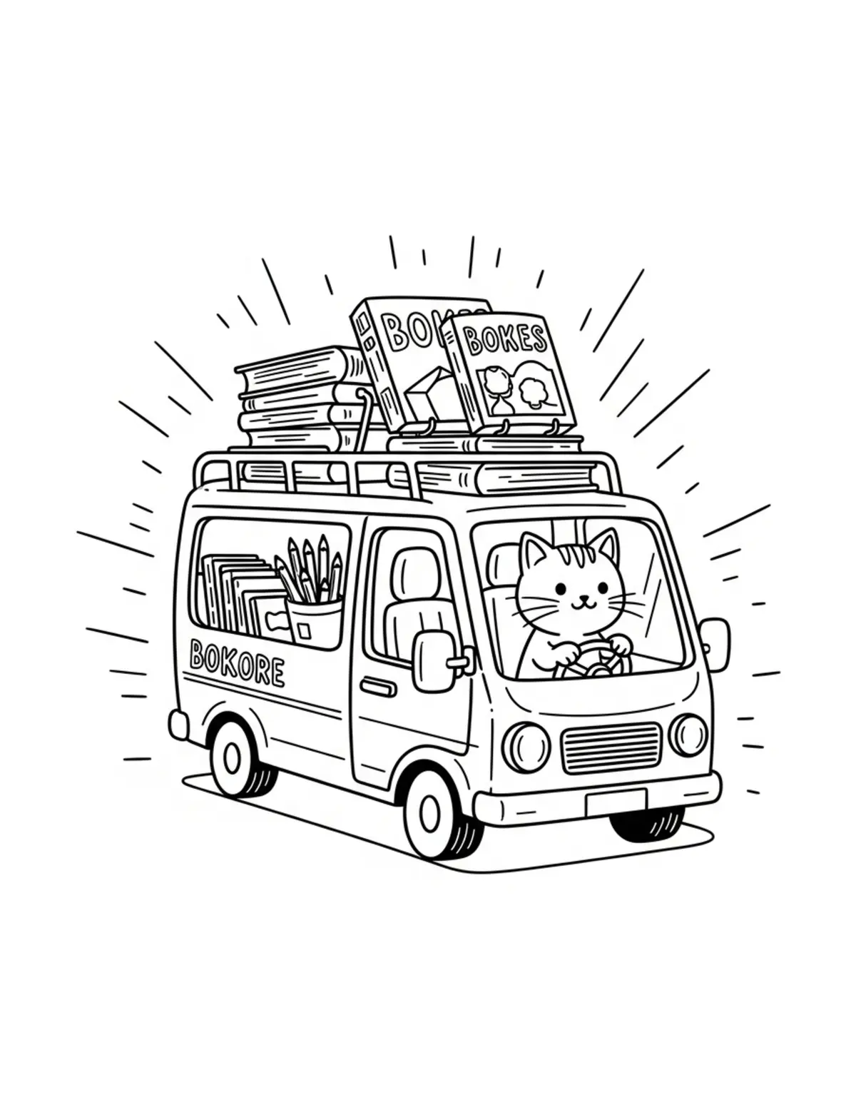 Free printable coloring page: tiny-cat-driving-a-bookstore-v coloring page. Cute and cozy design for kids and adults to download and print.