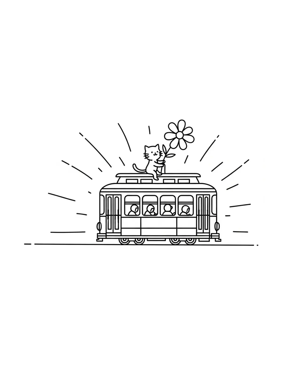 Free printable coloring page: tiny-cat-operating-a-flower-tr coloring page. Cute and cozy design for kids and adults to download and print.