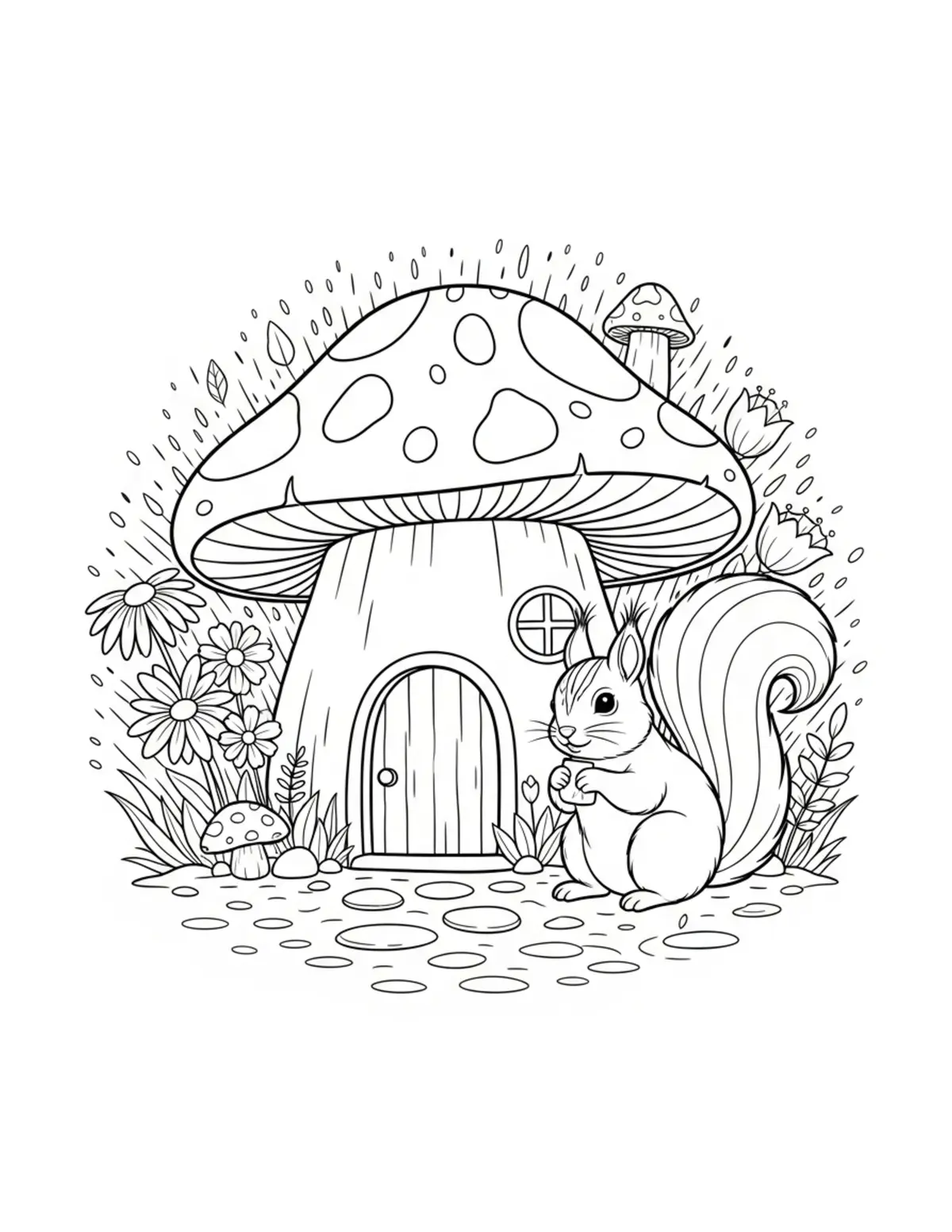 Free printable coloring page: tiny squirrel mushroom house coloring page. Cute design for kids and adults.