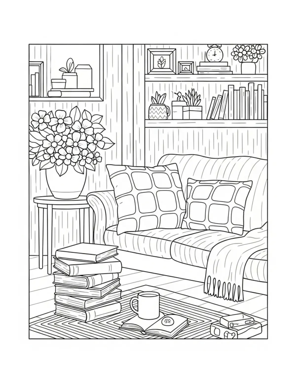 Free printable coloring page: garden reading corner fl coloring page. Cute and cozy design for kids and adults to download and print.