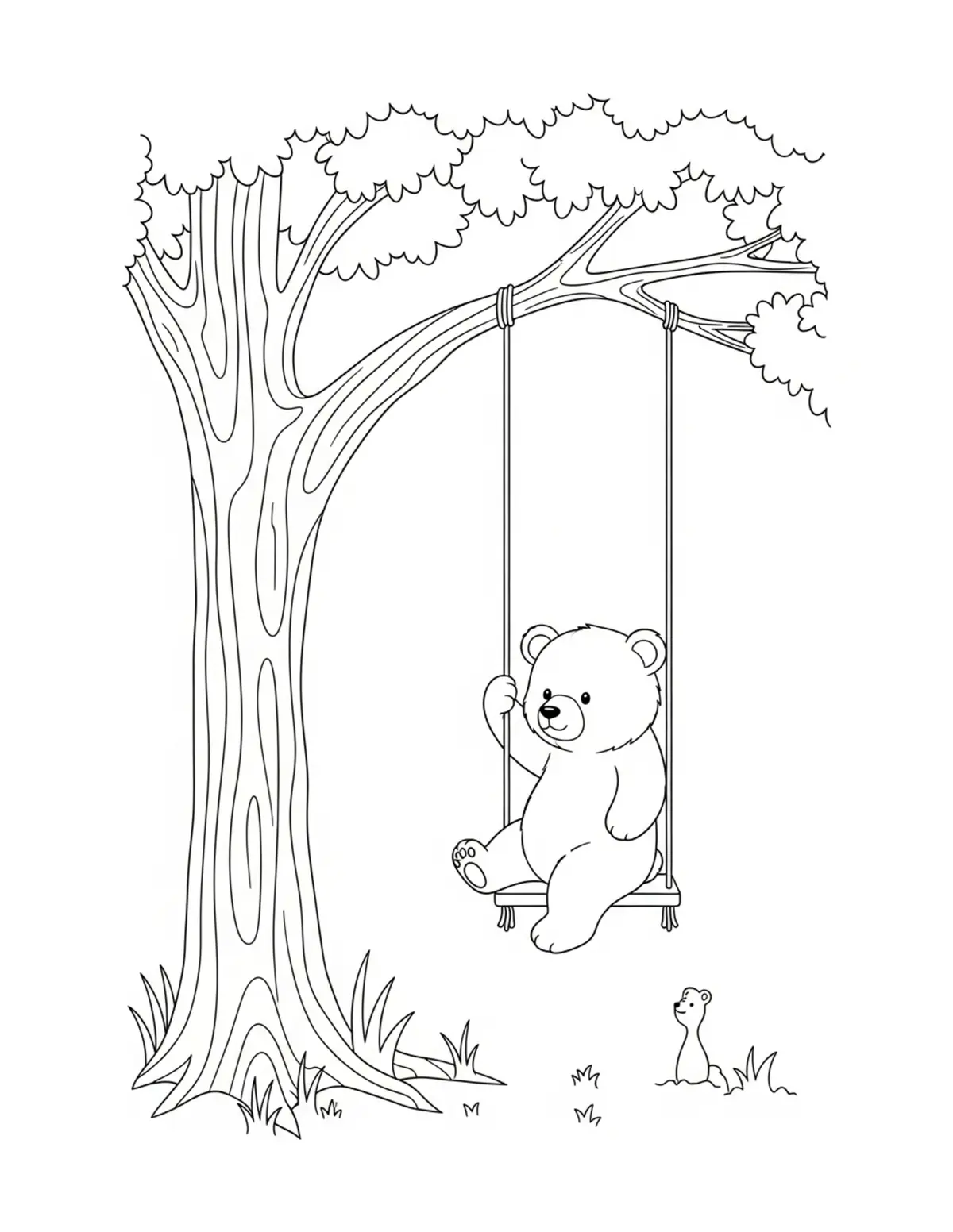 Baby Bear Constructing a Miniature Dam coloring page - free printable JPG featuring adorable woodland animals
