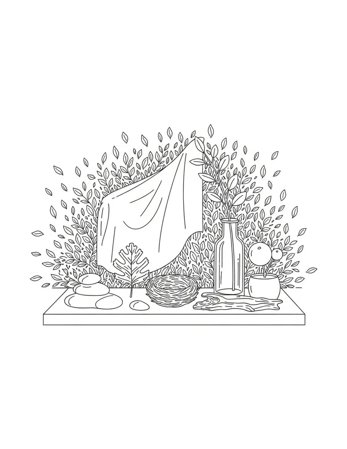 Free printable coloring page: cozy nature collection corner coloring page. Cute and cozy design for kids and adults to download and print.