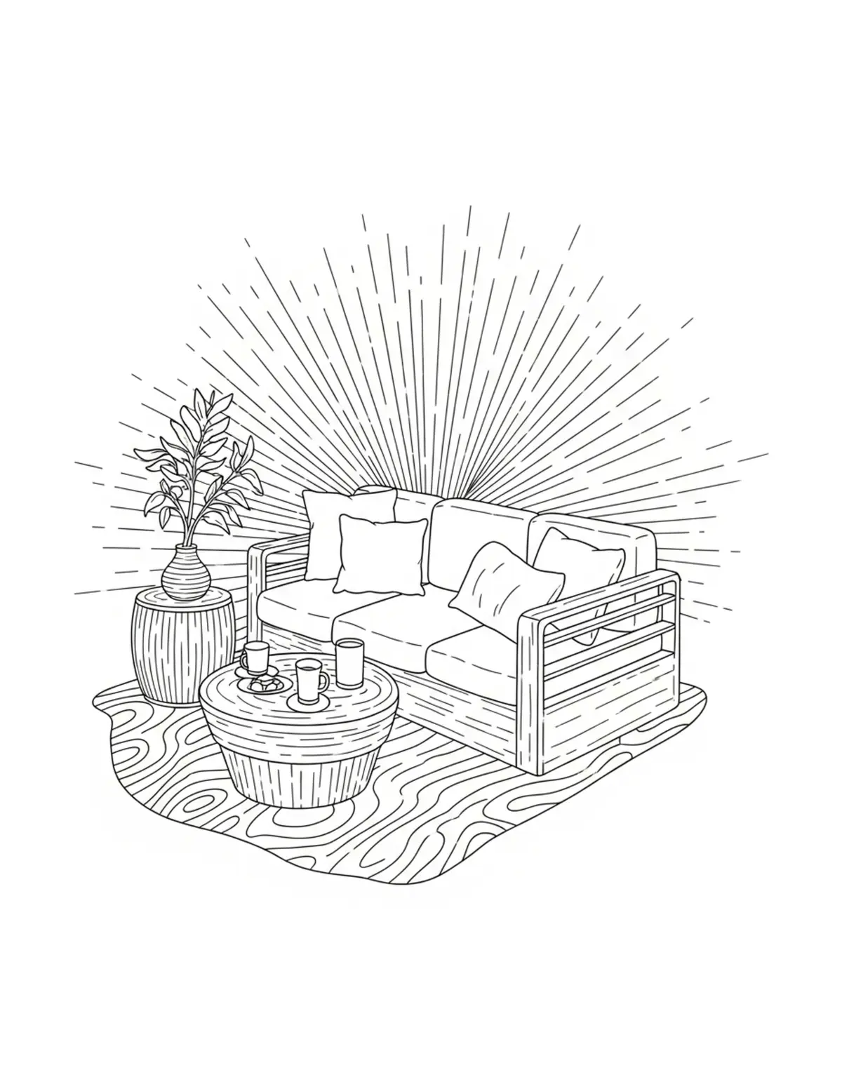 Free printable coloring page: cozy summer patio retreat coloring page. Cute and cozy summer design for kids and adults to download and print.