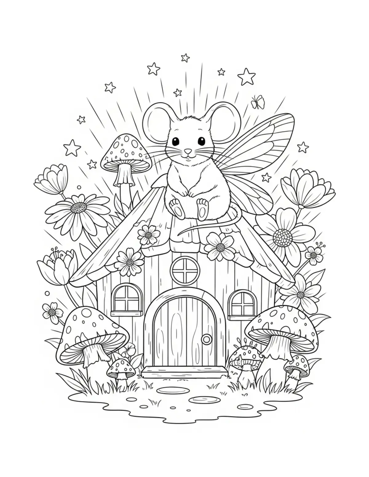 Cute Mouse Fairy Cottage Color — free printable cozy coloring coloring page for kids and adults