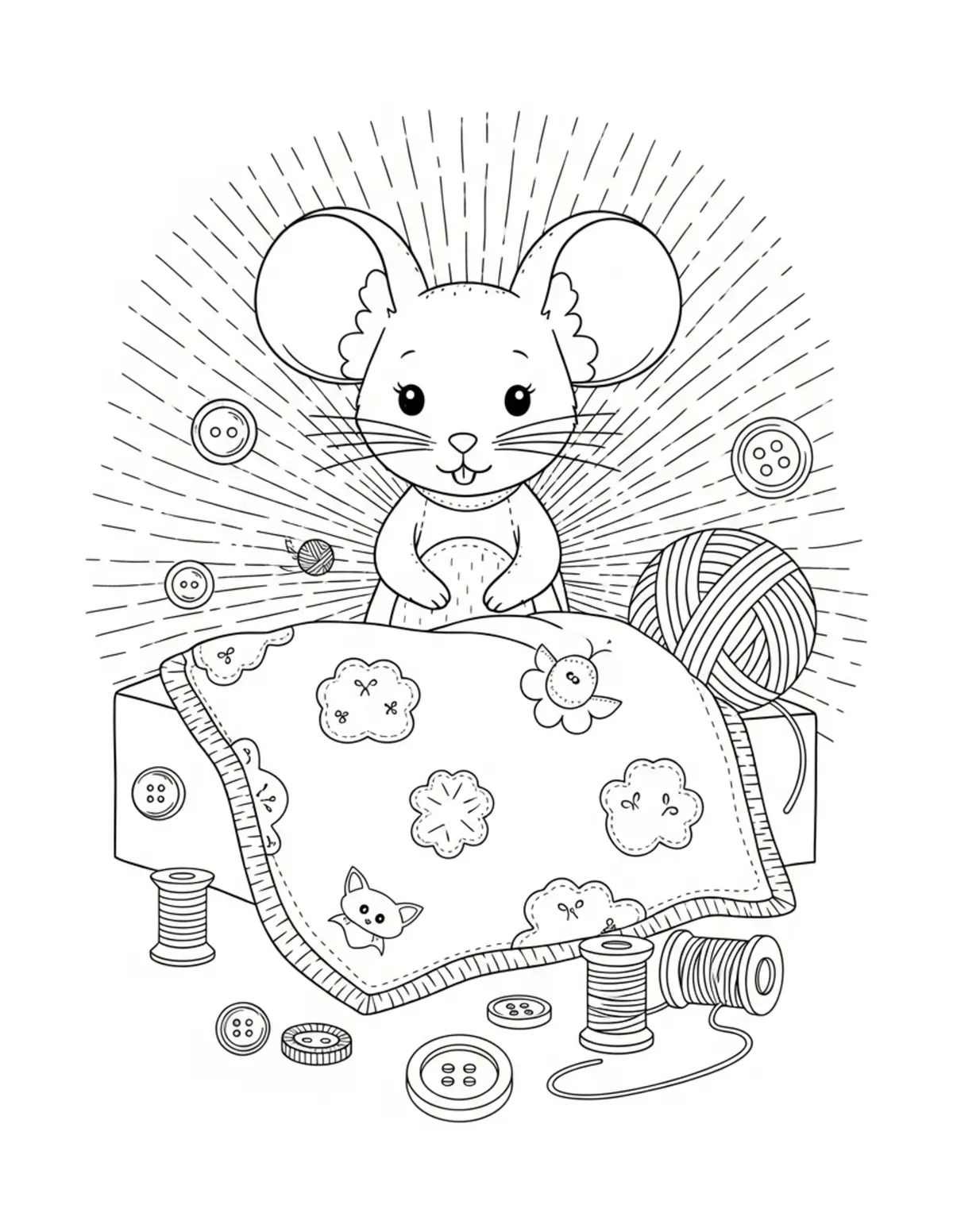 Free printable coloring page: cute mouse sewing room fabric coloring page. Cute design for kids and adults.