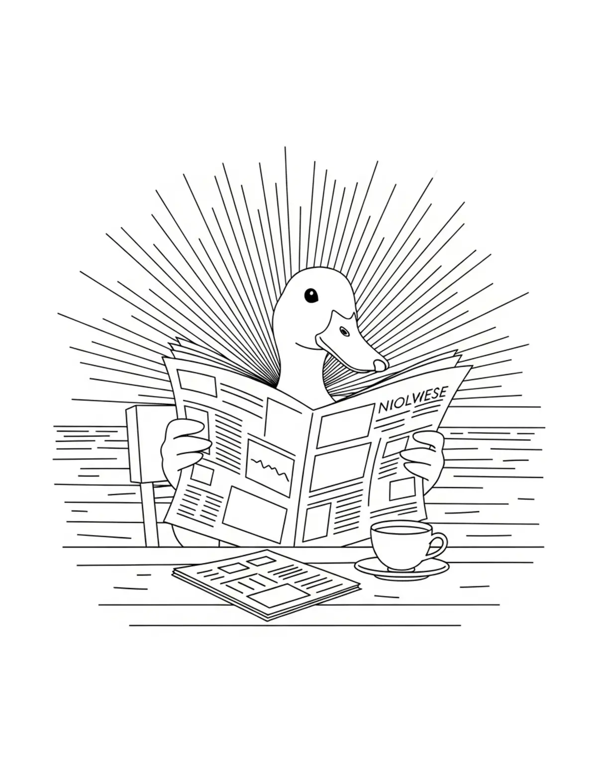 Duck Reading Newspapers at a D Coloring Page - free printable JPG featuring adorable woodland animals