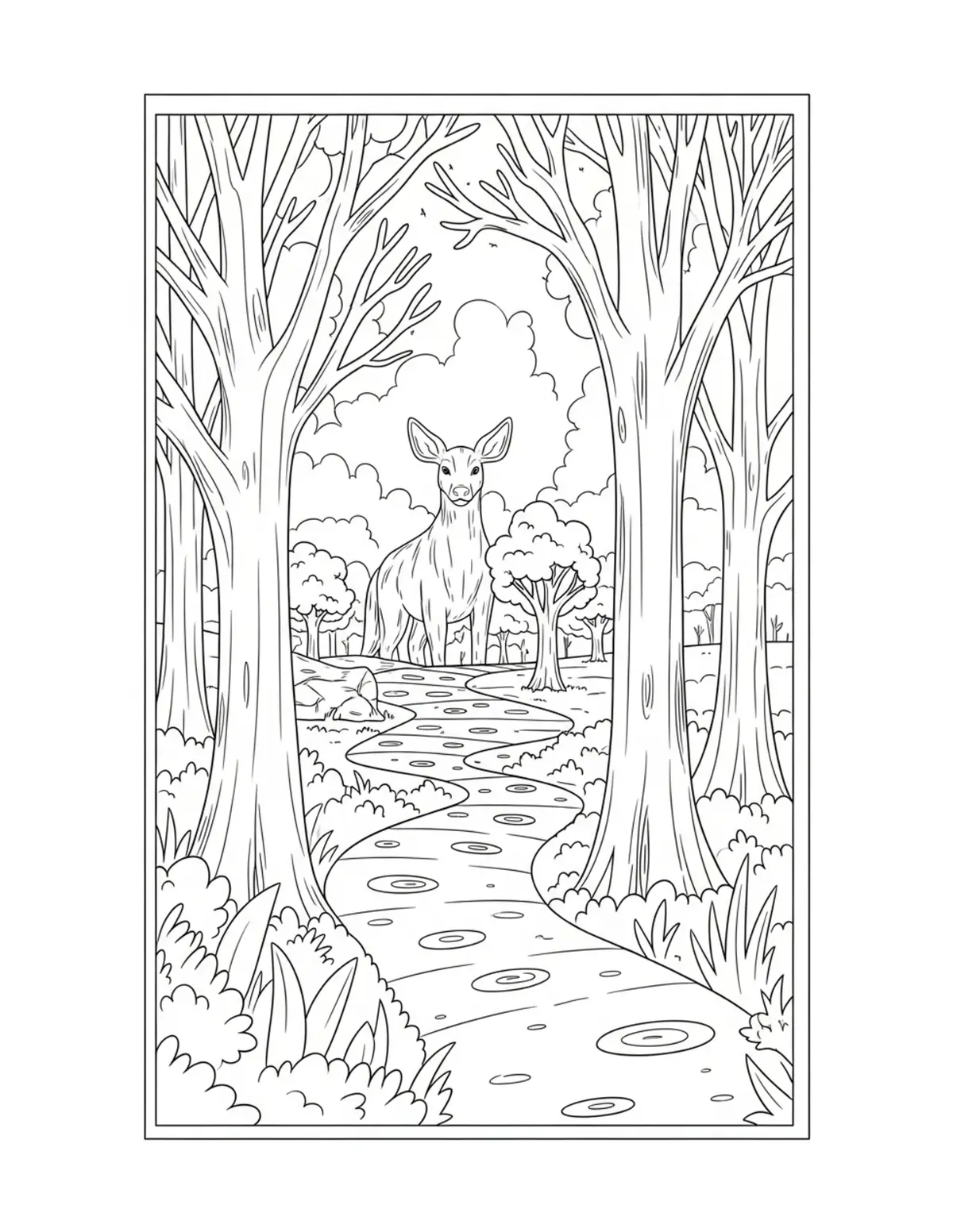Free printable coloring page: mystery-woodland-path-puzzle coloring page. Cute and cozy design for kids and adults to download and print.