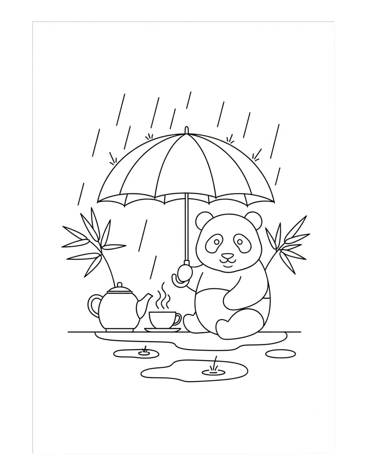 Free printable coloring page: panda tea time in rain coloring page. Cute and cozy design for kids and adults to download and print.
