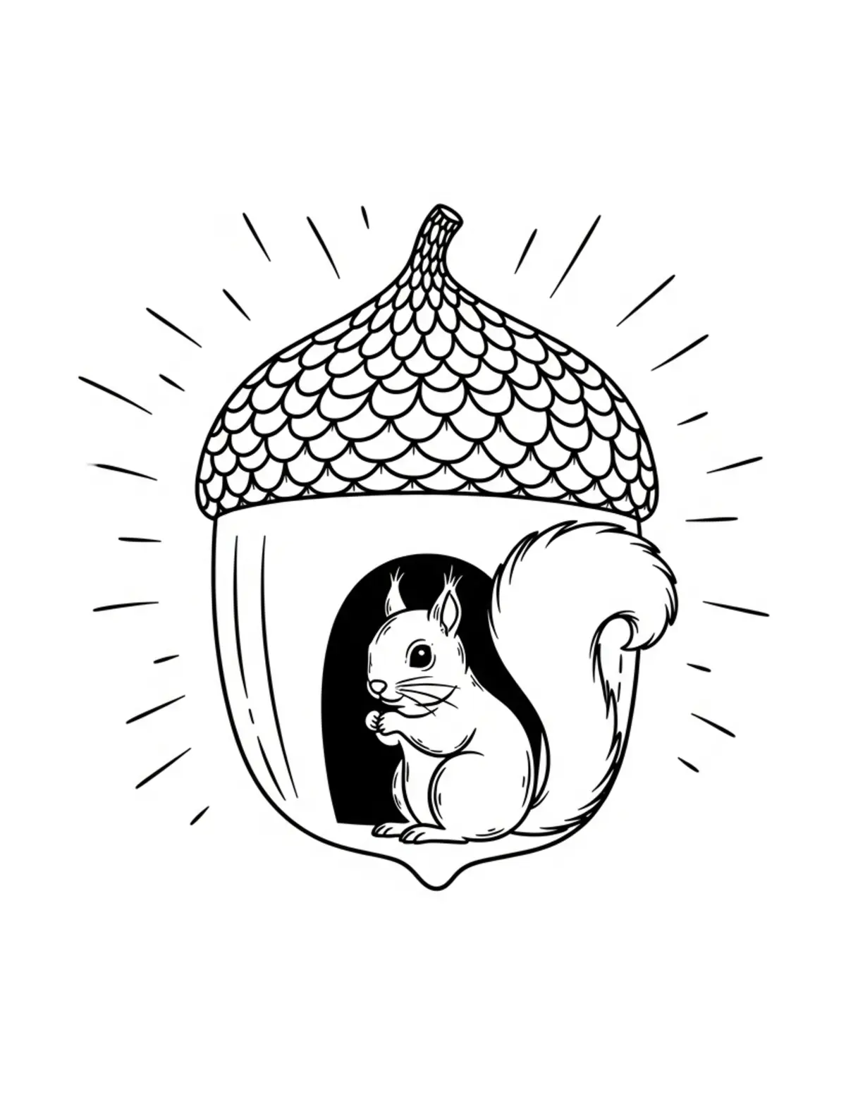 Free printable coloring page: tiny-squirrel-living-inside-an coloring page. Cute and cozy design for kids and adults to download and print.