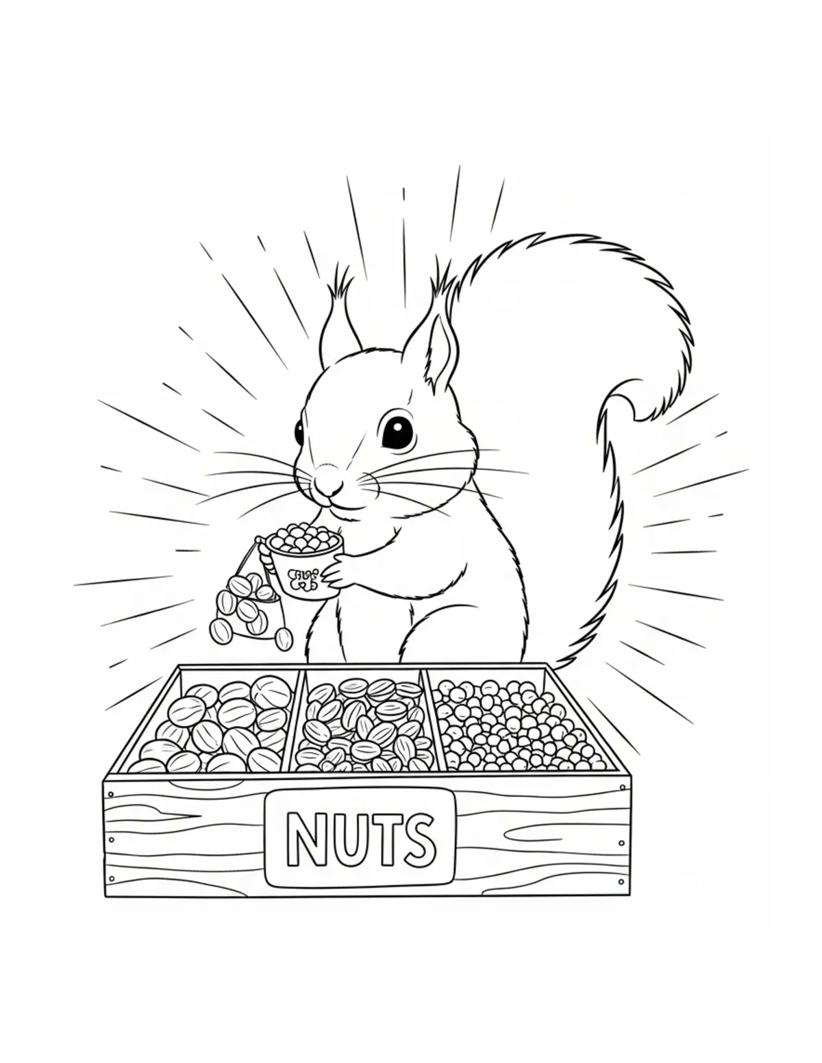 Free printable coloring page: tiny-squirrel-selling-nuts-and coloring page. Cute and cozy design for kids and adults to download and print.