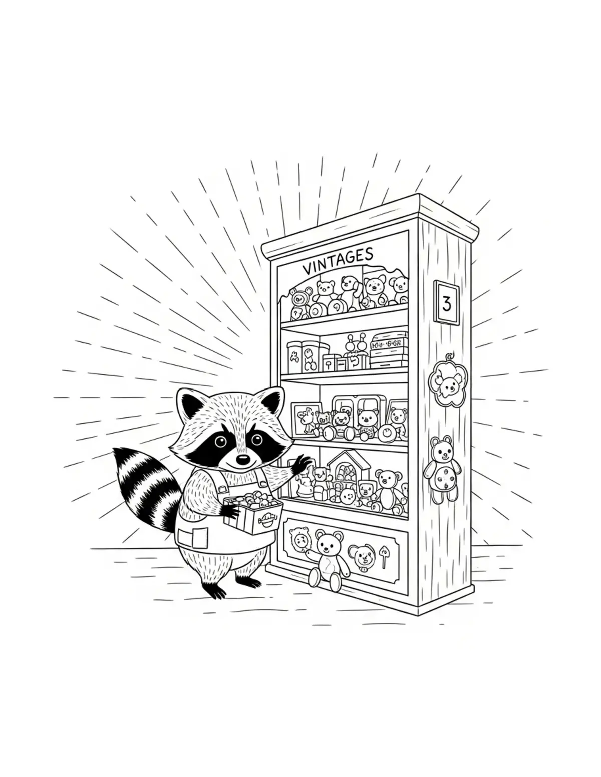Free printable coloring page: tiny raccoon running a vintage coloring page. Cute and cozy tiny animal design for kids and adults to download and print.