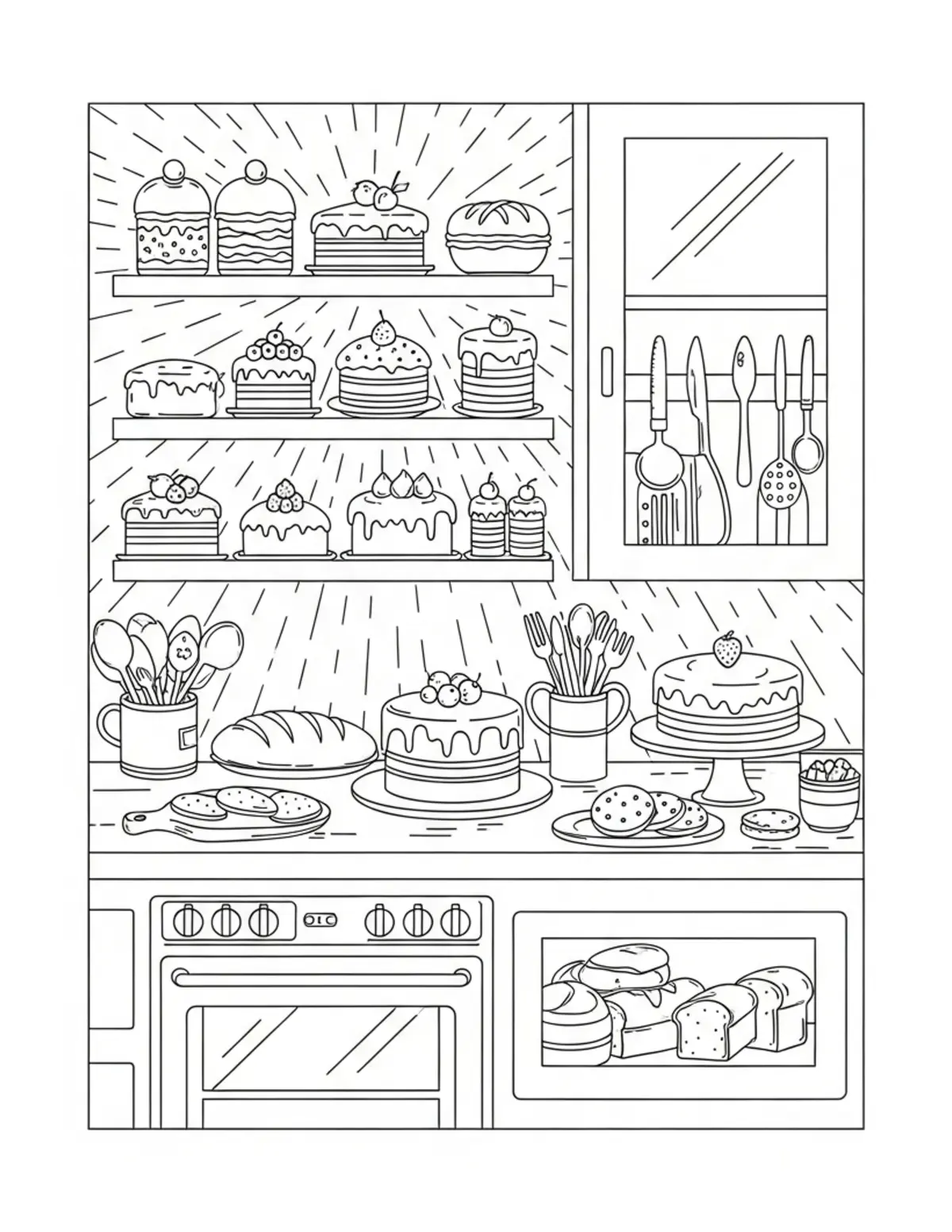 Free printable coloring page: bakery kitchen cakes co coloring page. Cute and cozy design for kids and adults to download and print.