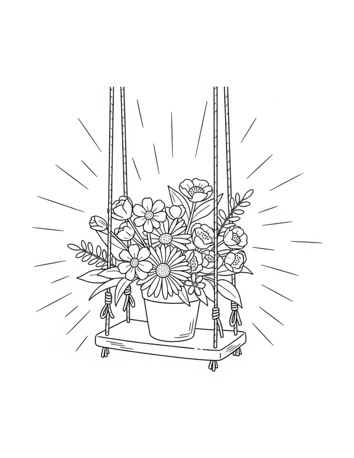 Free printable coloring page: cozy backyard flower swing coloring page. Cute and cozy summer design for kids and adults to download and print.