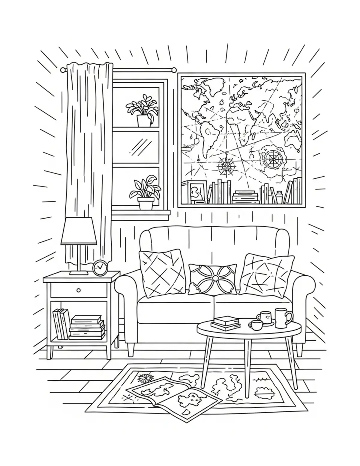 Free printable coloring page: cozy vintage map room coloring page. Cute and cozy design for kids and adults to download and print.