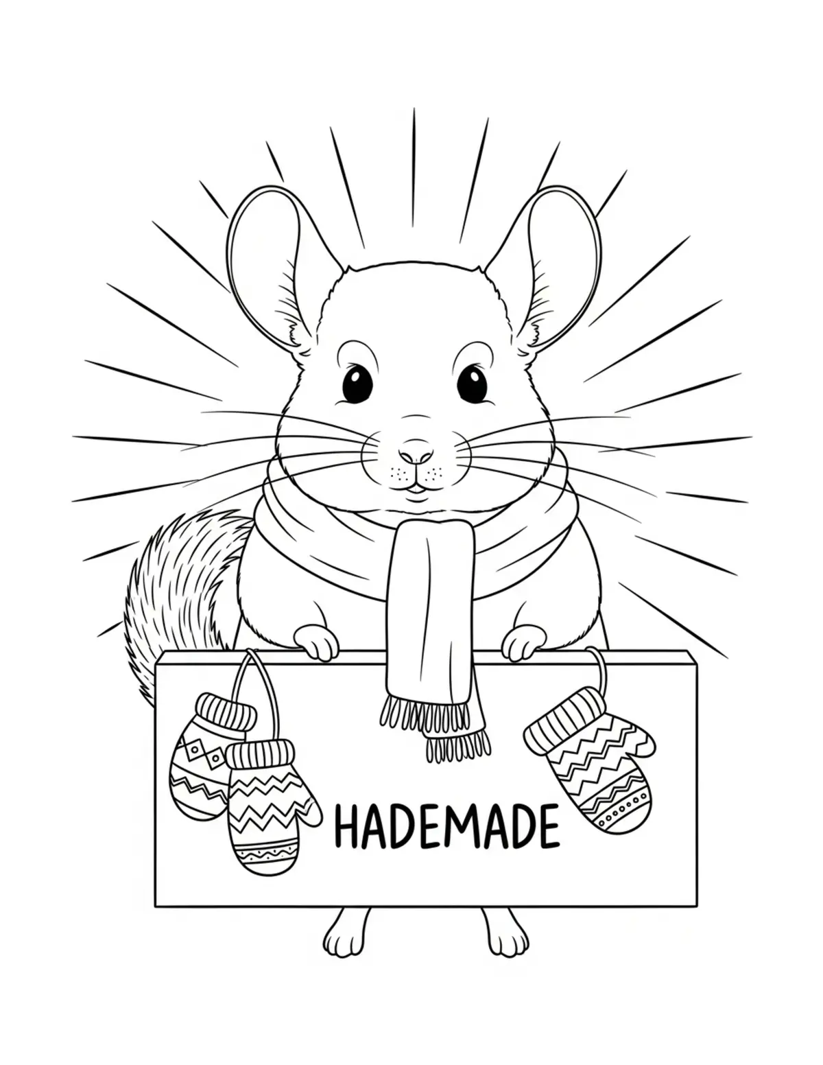 Free printable coloring page: cute chinchilla selling handma coloring page. Cute and cozy tiny animal design for kids and adults to download and print.