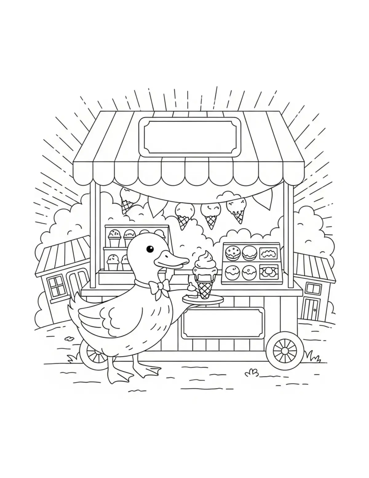 Cute Duck Ice Cream Stand Colo — free printable cute animals coloring page for kids and adults