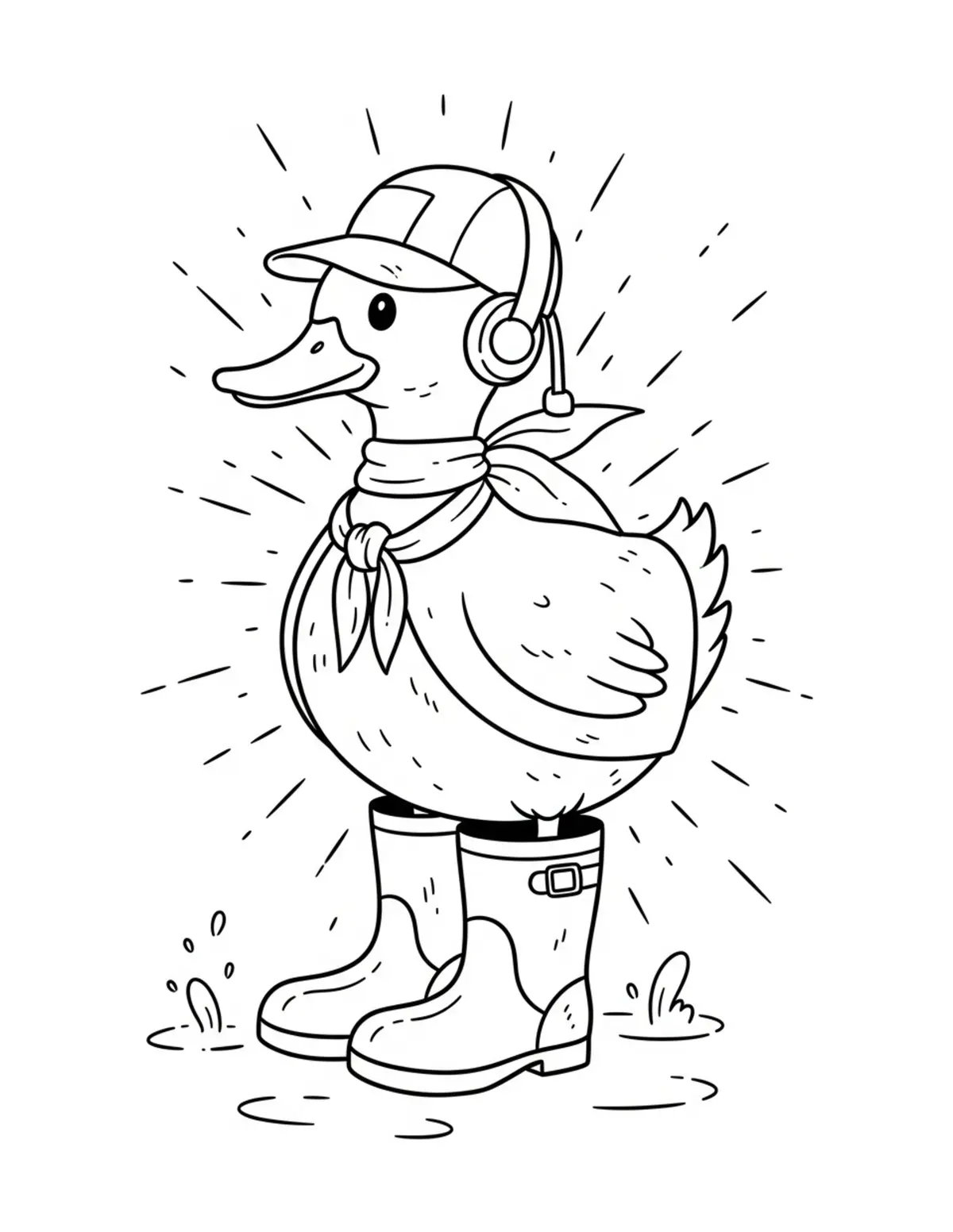 Free printable coloring page: duck rain boots adventure coloring page. Cute and cozy design for kids and adults to download and print.