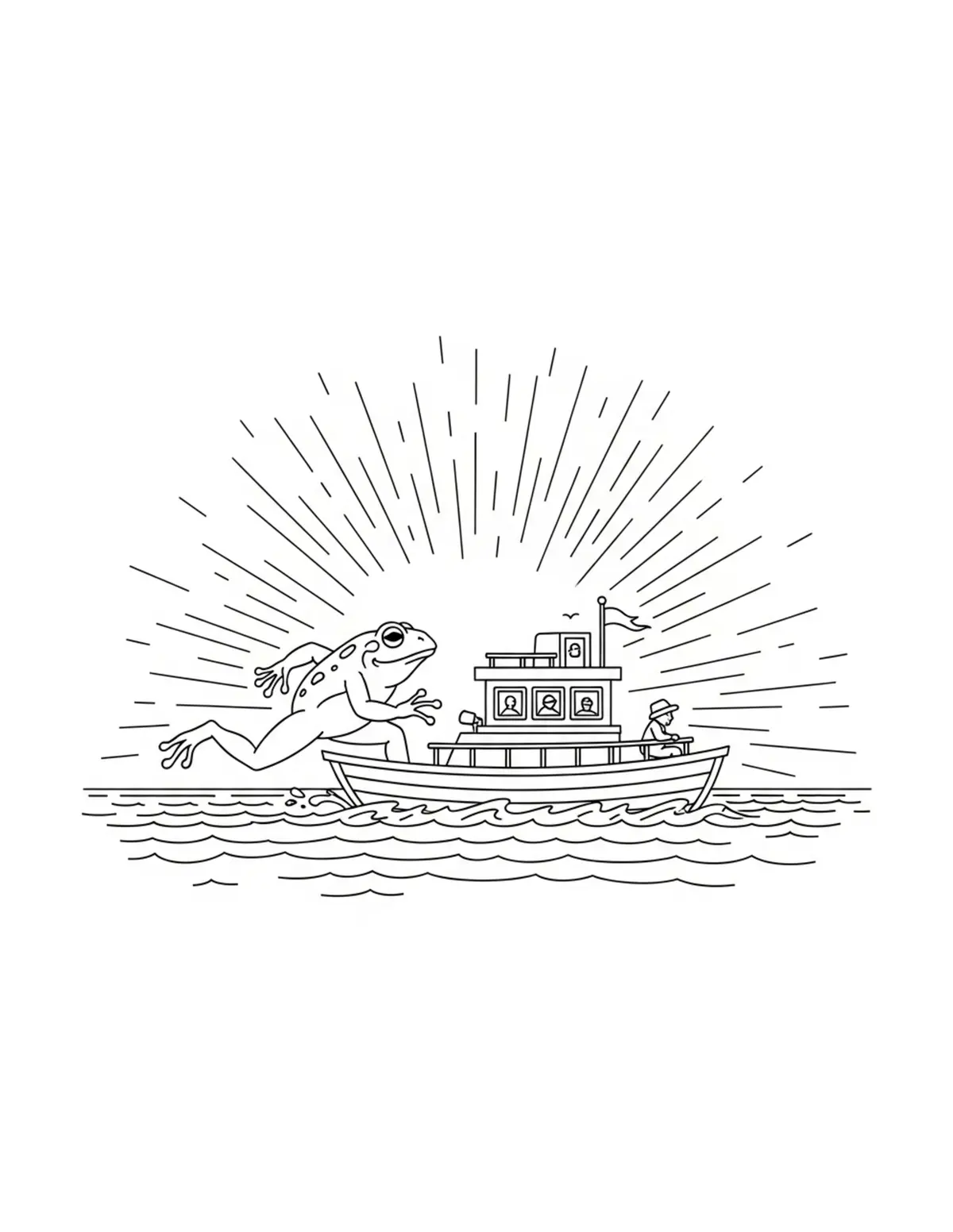 Frog Running a Tiny Lakeside F Coloring Page - free printable JPG featuring adorable woodland animals